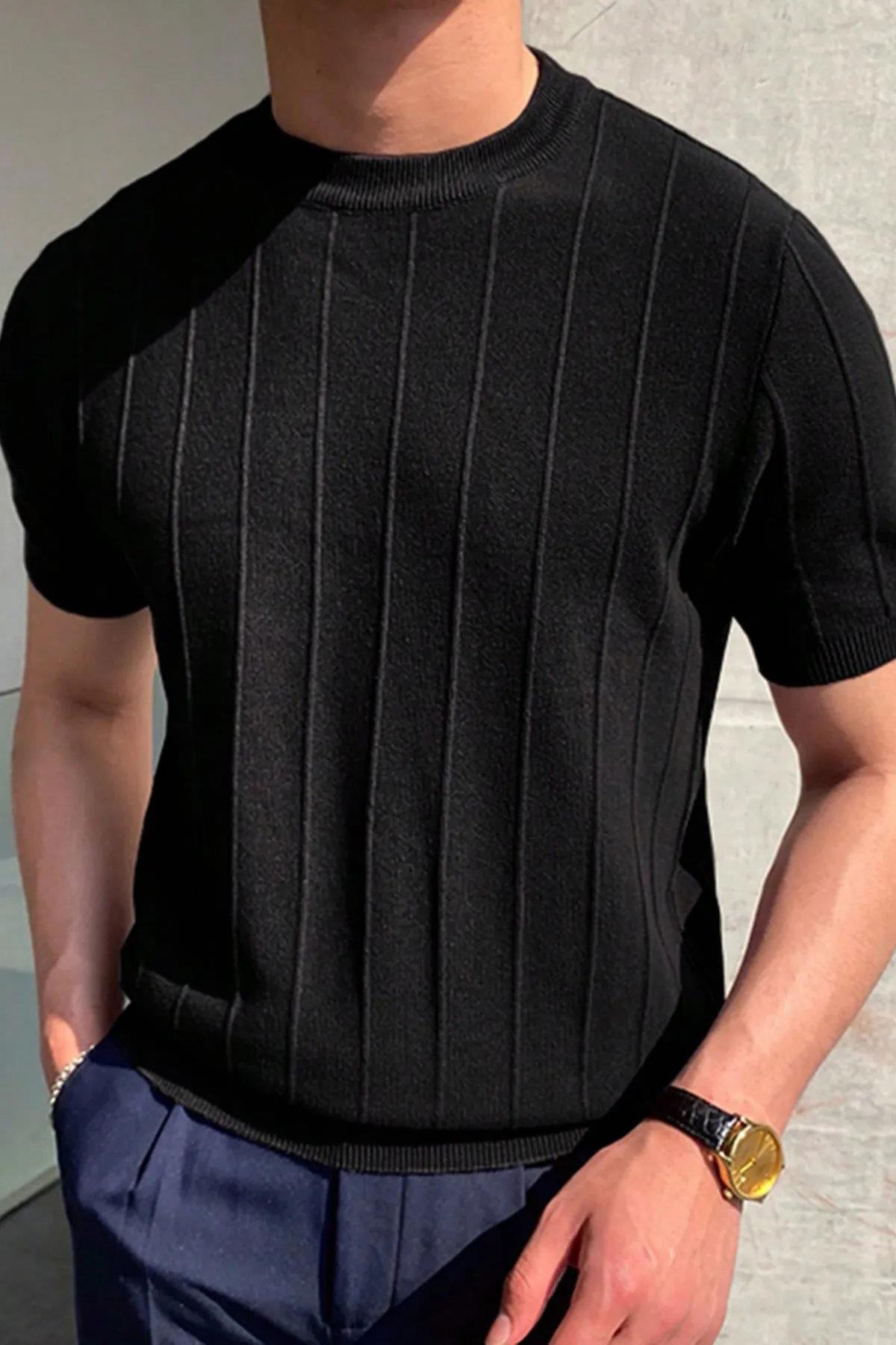 81037 Dewberry Mens Crew Neck Knit T-Shirt-SİYAH