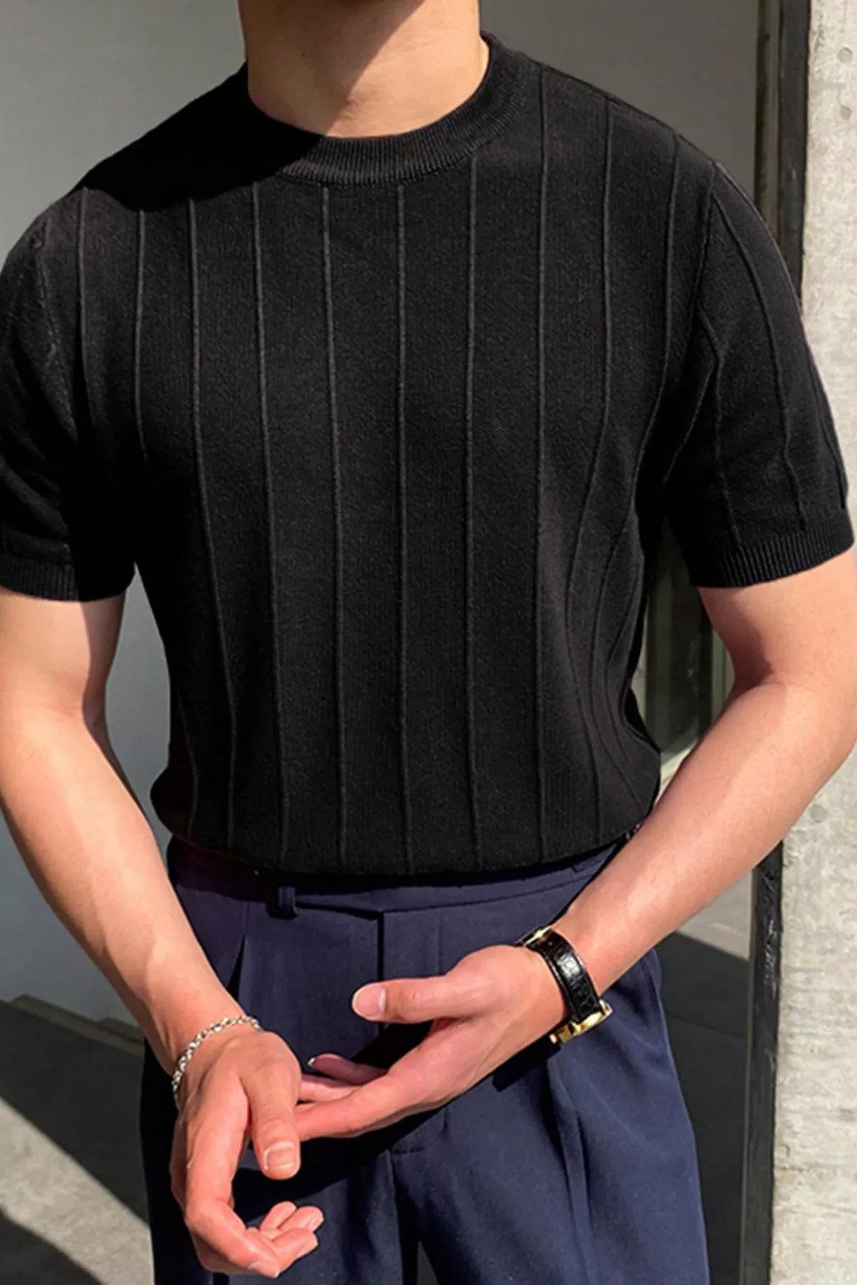 81037 Dewberry Mens Crew Neck Knit T-Shirt-SİYAH