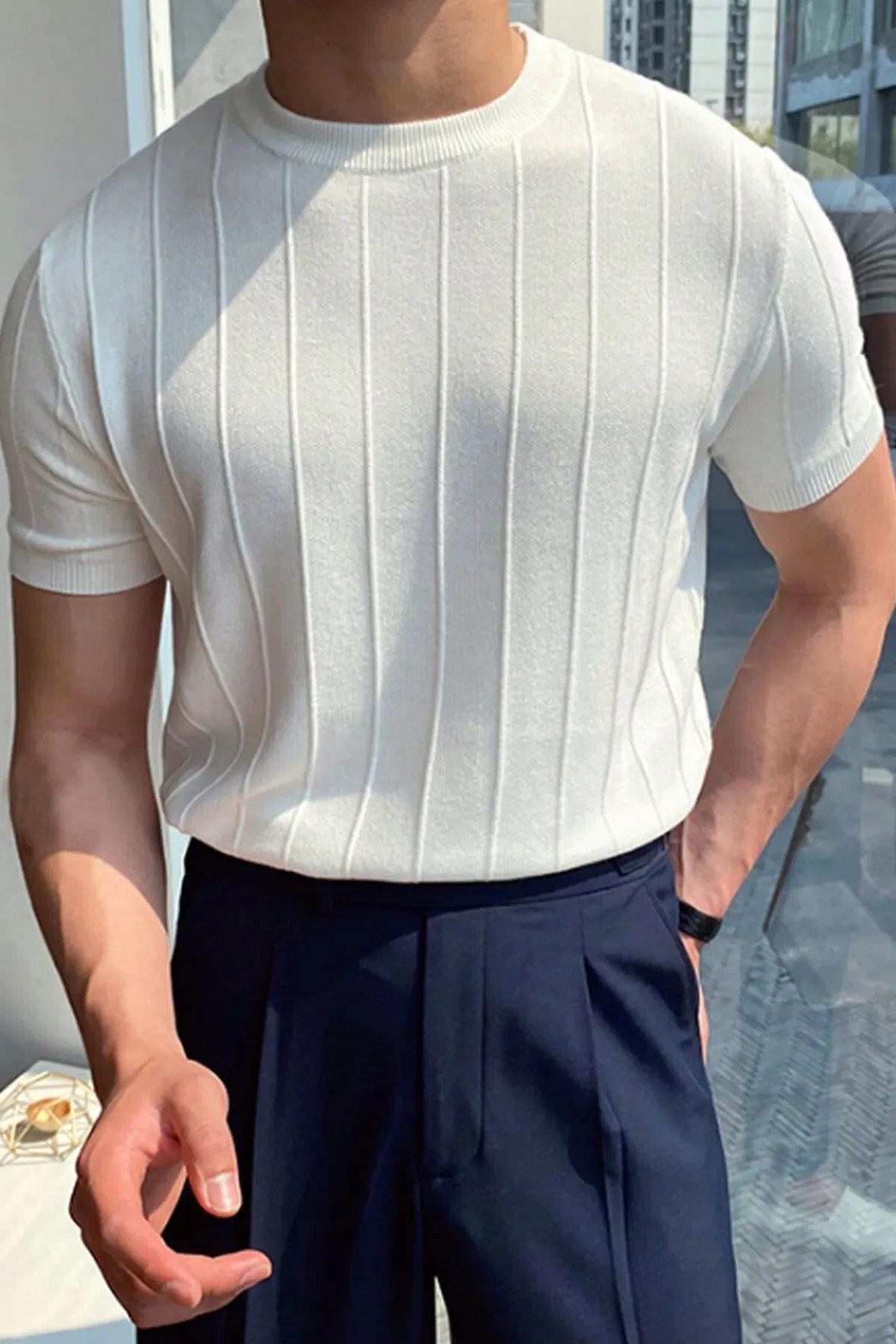 81037 Dewberry Mens Crew Neck Knit T-Shirt-BEYAZ