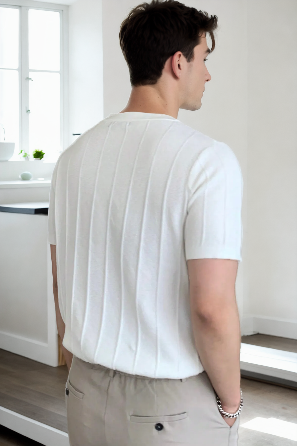 81037 Dewberry Mens Crew Neck Knit T-Shirt-BEYAZ