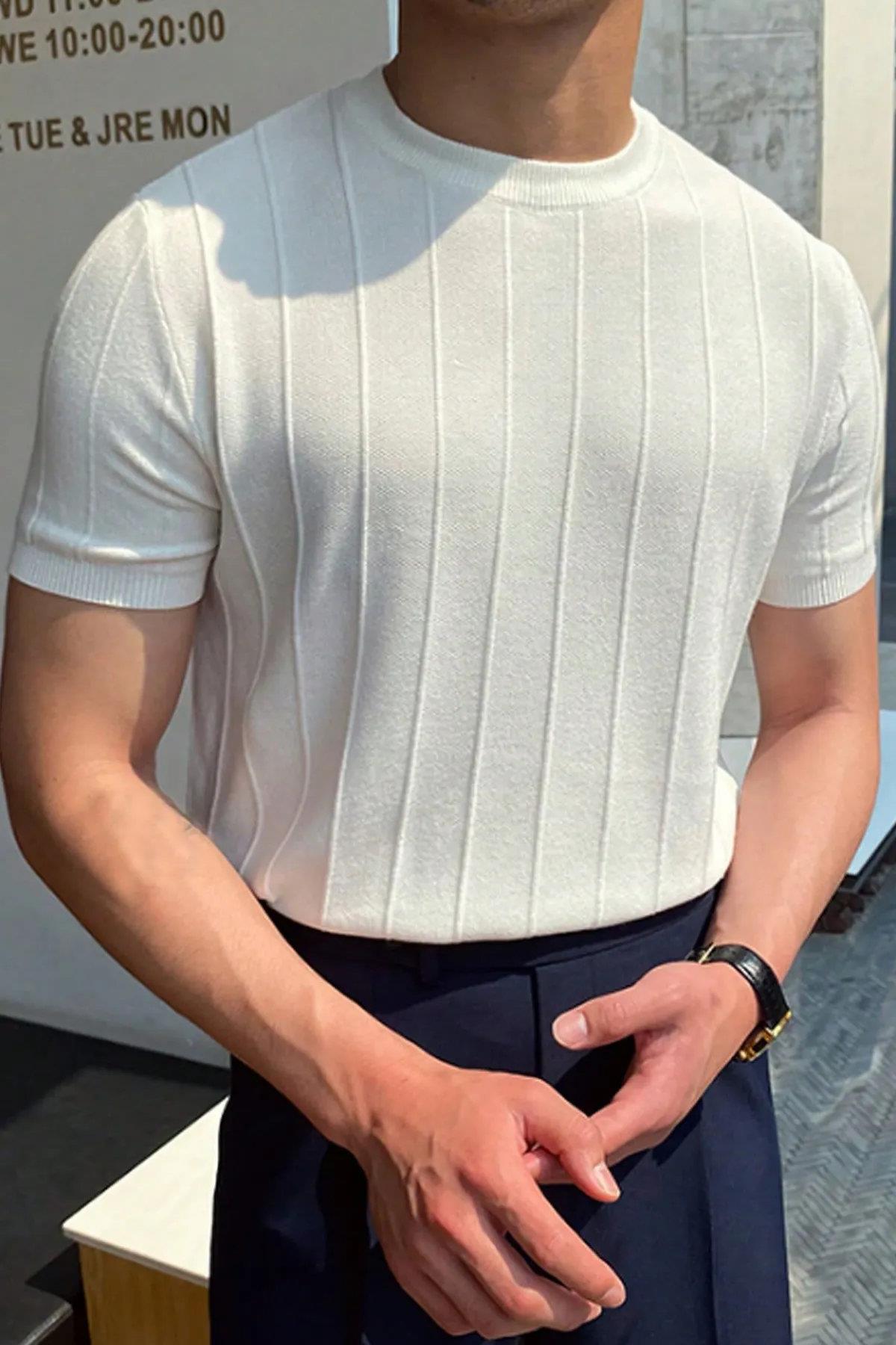 81037 Dewberry Mens Crew Neck Knit T-Shirt-BEYAZ