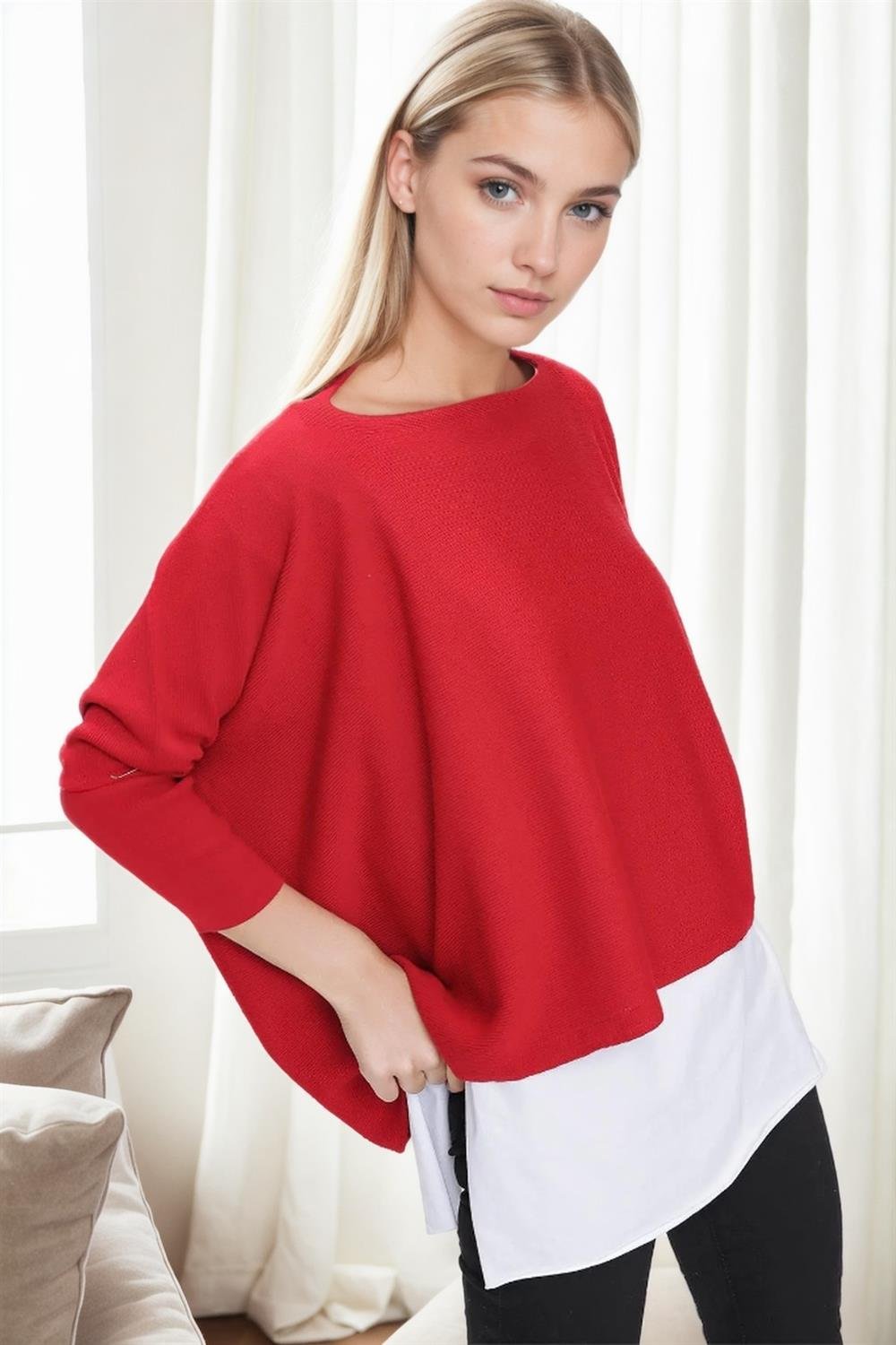 81734 Dewberry Knitwear Womens Poncho-KIRMIZI