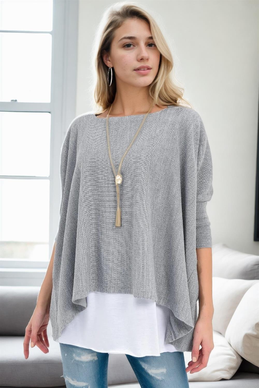 81734 Dewberry Knitwear Womens Poncho-GRİ