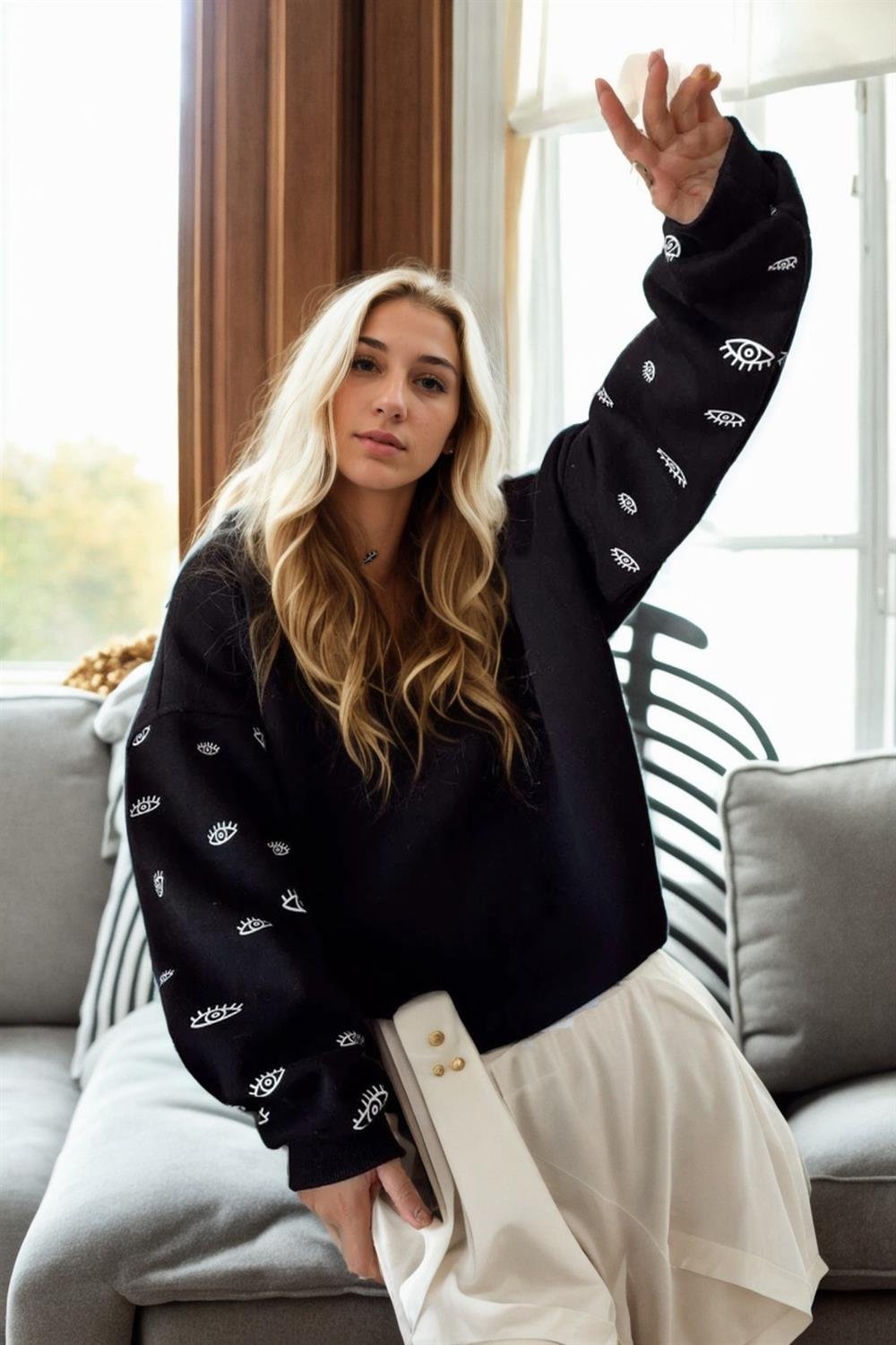 84987 Dewberry Oversize Women Sweatshirt-SİYAH