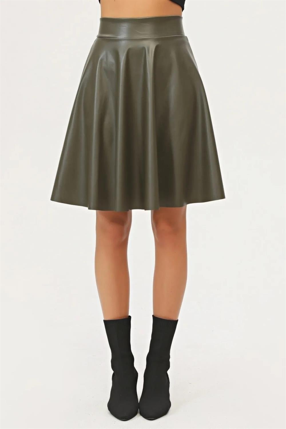 88854 Dewberry Flared Faux Leather Skirt-HAKİ