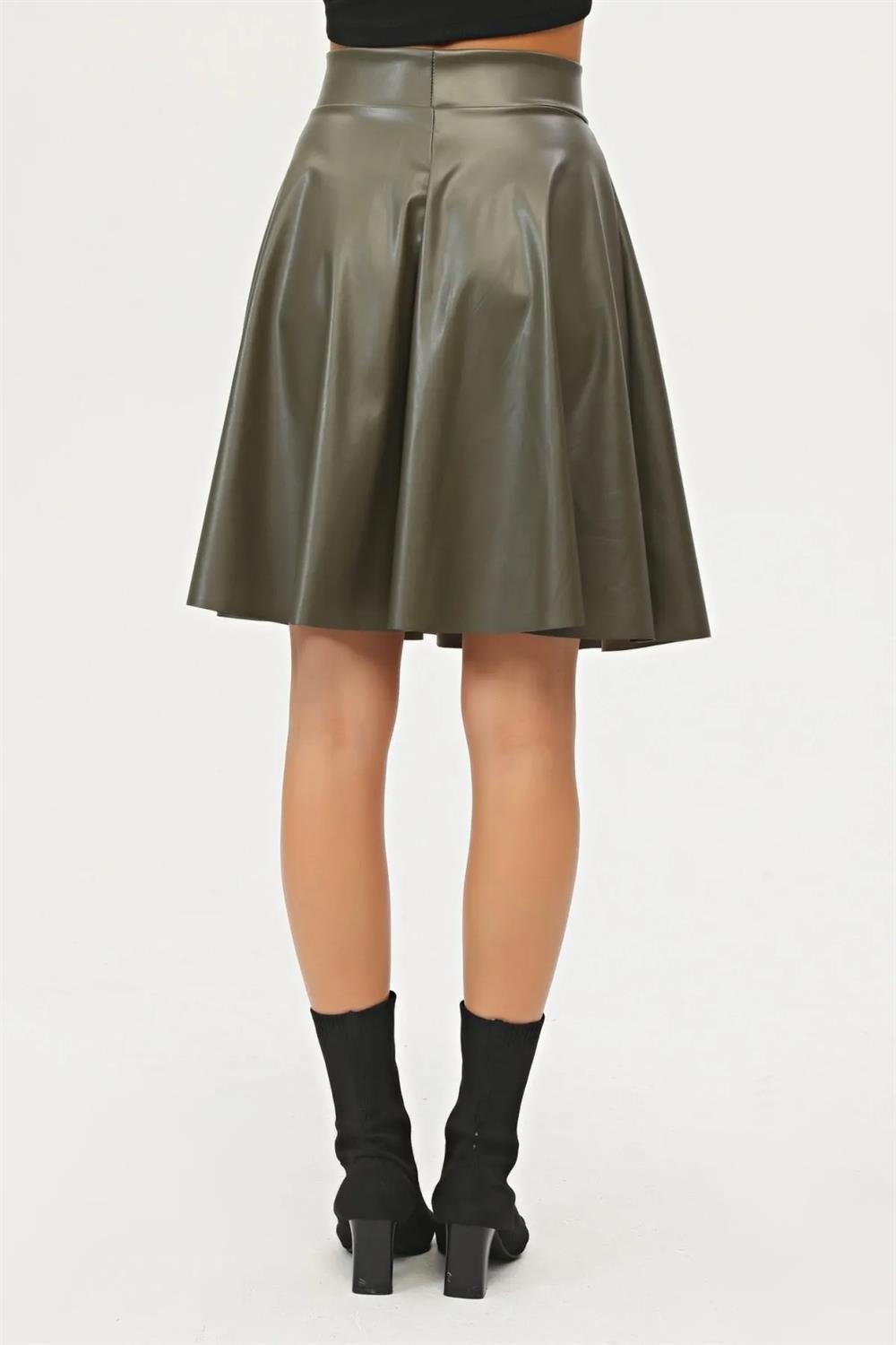 88854 Dewberry Flared Faux Leather Skirt-HAKİ