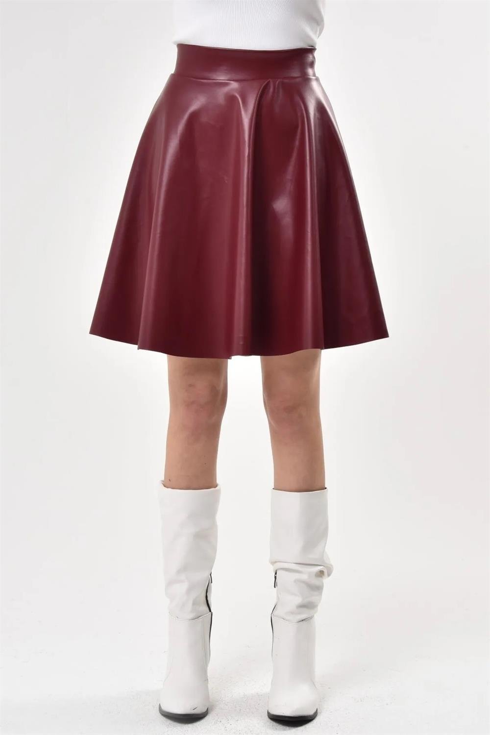 88854 Dewberry Flared Faux Leather Skirt-BORDO