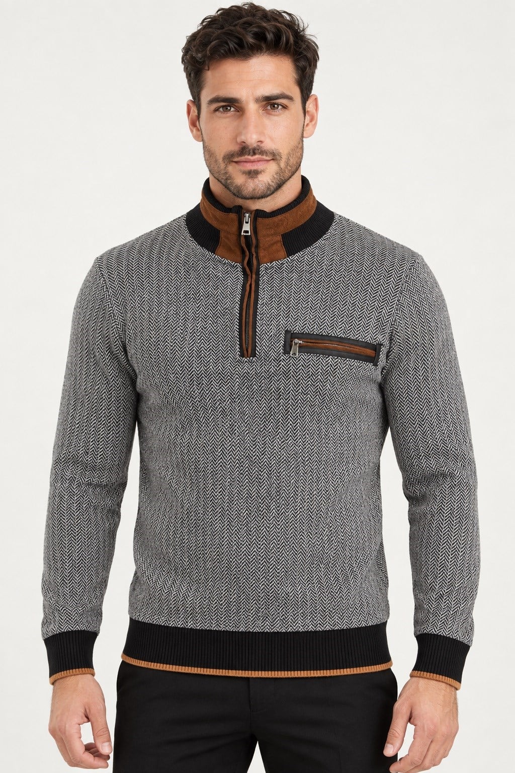 9039 DEWBERRY ERKEK SWEATSHIRT-DESENLİ SİYAH-2