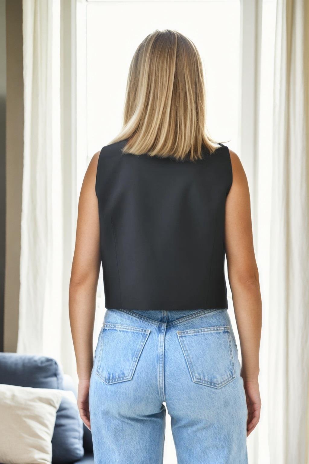 90619 Dewberry Pocket Detailed 3 Button Lined Women Vest-SİYAH