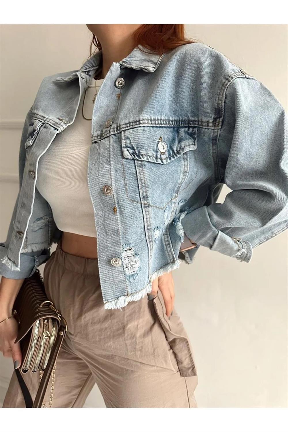 90767 Dewberry Ice Blue Laser Denim Jacket-MAVİ