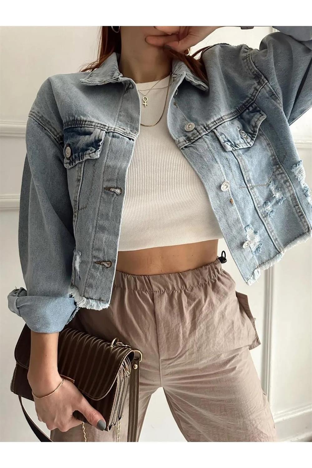 90767 Dewberry Ice Blue Laser Denim Jacket-MAVİ