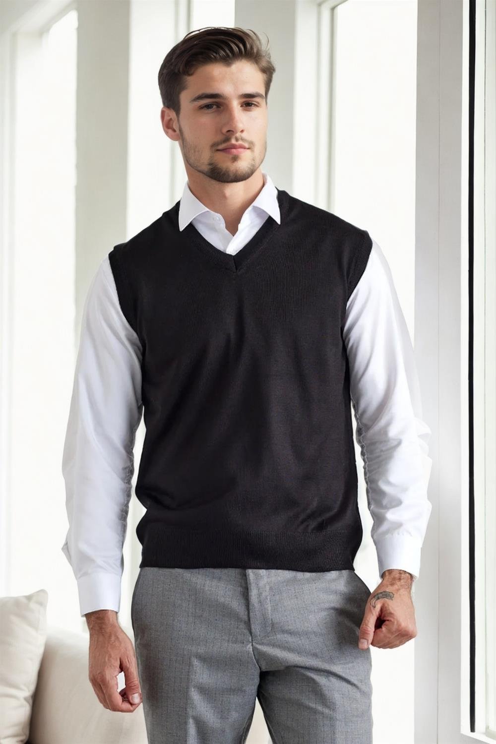 90829 Dewberry V Neck Sleeveless Knit Mens Sweater-SİYAH
