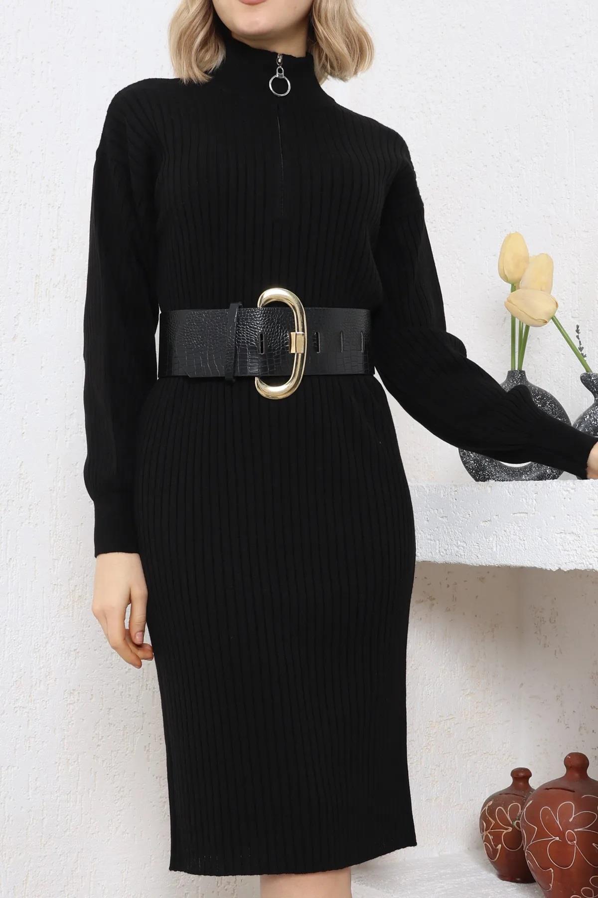 92522 Dewberry Long Knit Women Dress (Belt Not Included)-SİYAH