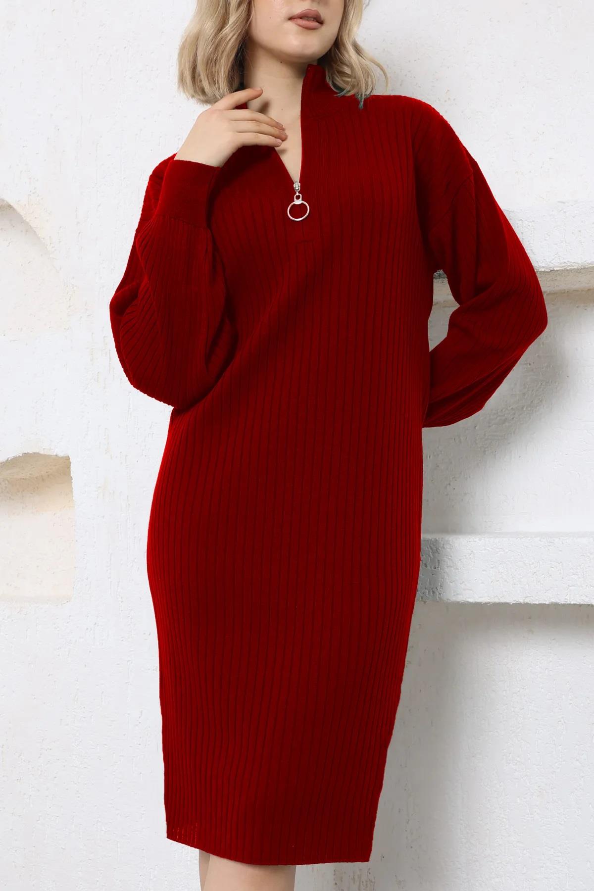 92522 Dewberry Long Knit Women Dress (Belt Not Included)-KIRMIZI