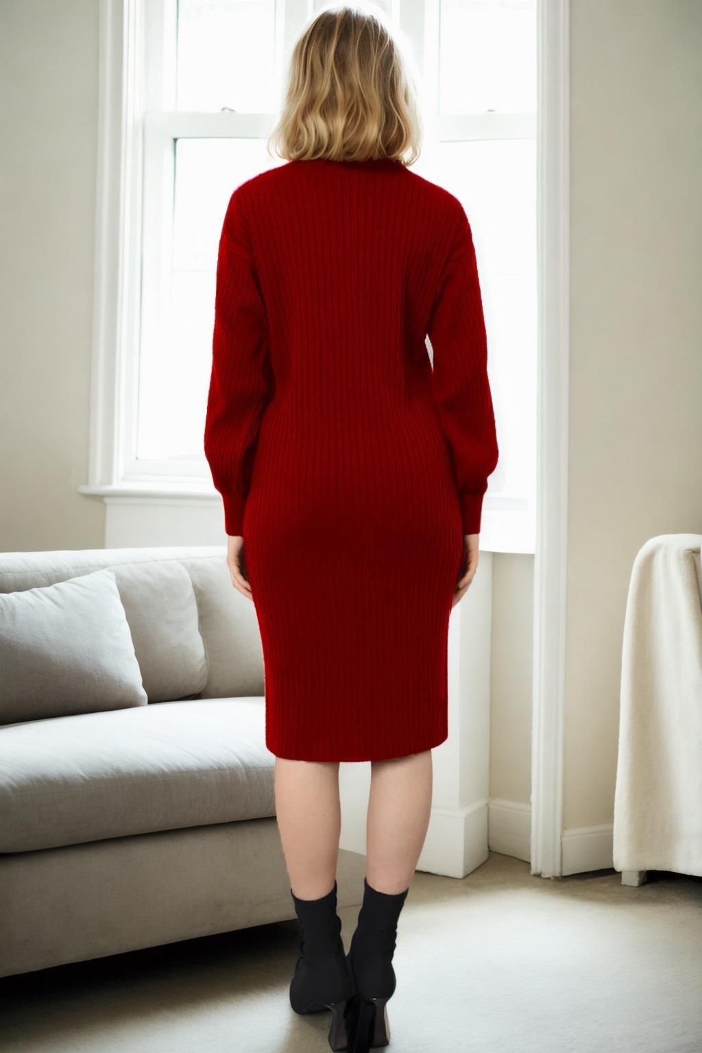 92522 Dewberry Long Knit Women Dress (Belt Not Included)-KIRMIZI