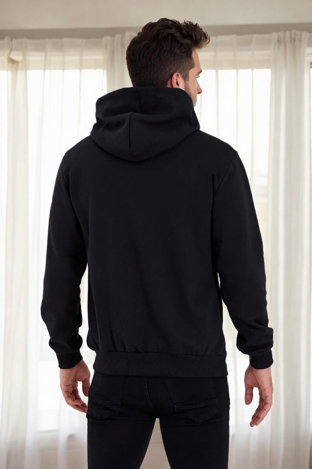 94090 Dewberry Kangaroo Pocket Hooded Zipper Mens Sweatshirt-SİYAH