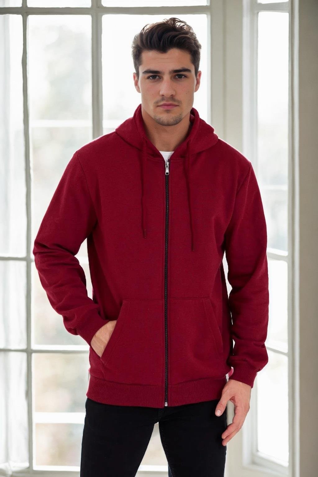 94090 Dewberry Kangaroo Pocket Hooded Zipper Mens Sweatshirt-BORDO