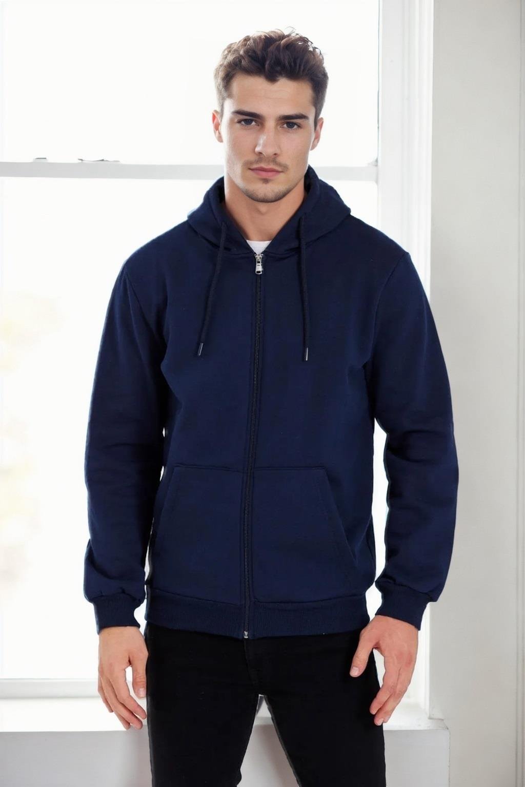 94090 Dewberry Kangaroo Pocket Hooded Zipper Mens Sweatshirt-LACİVERT