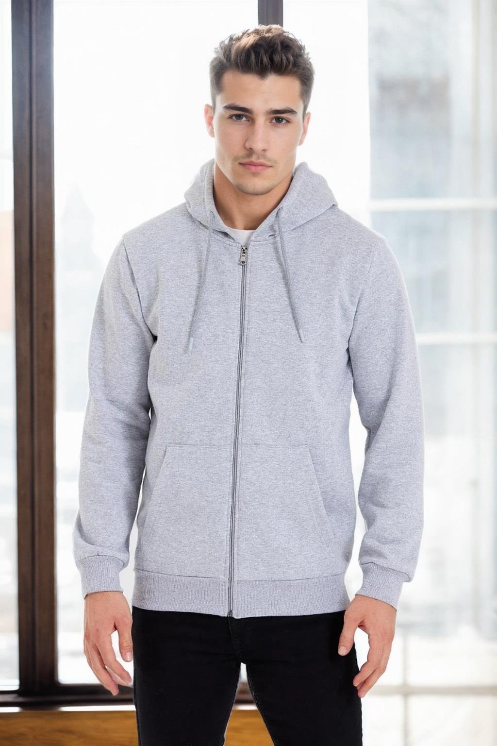 94090 Dewberry Kangaroo Pocket Hooded Zipper Mens Sweatshirt-GRİ
