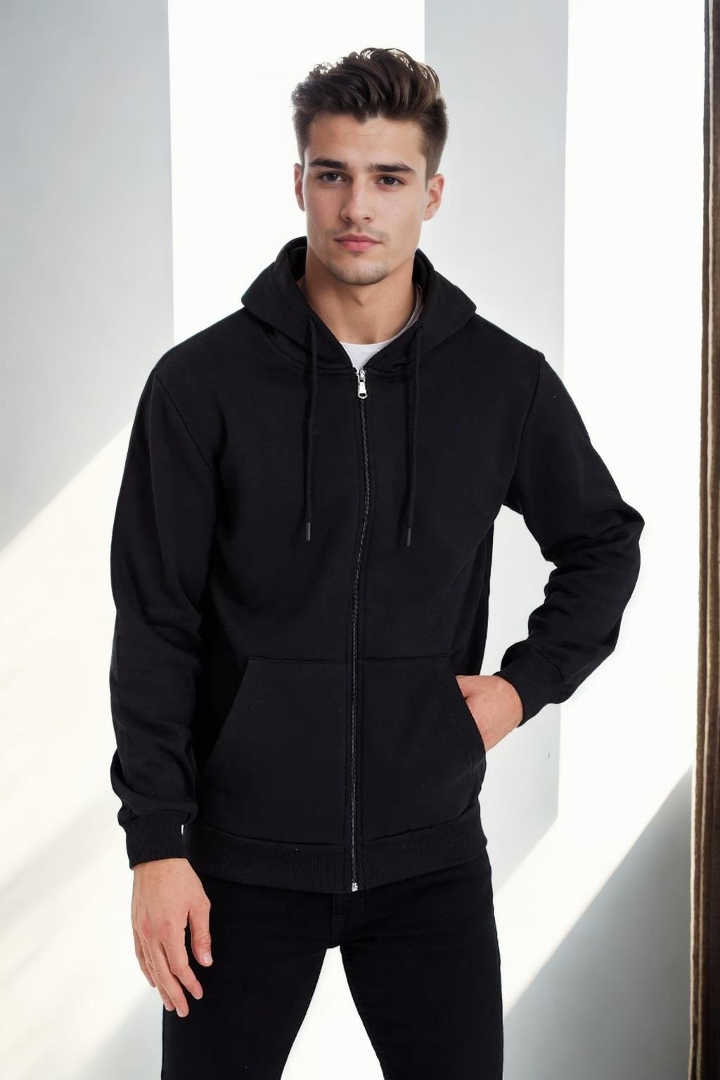 94090 Dewberry Kangaroo Pocket Hooded Zipper Mens Sweatshirt-SİYAH