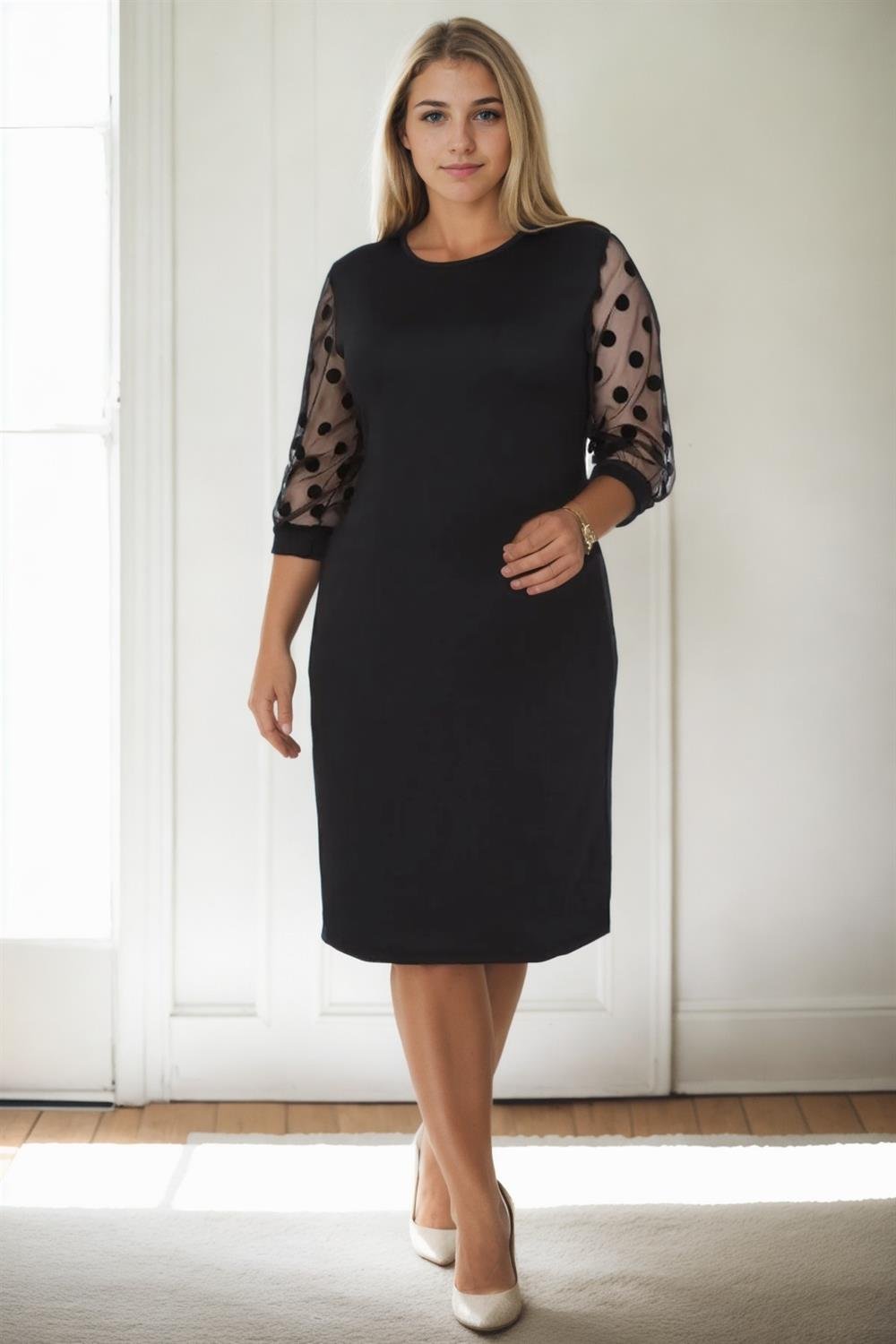 97062 Dewberry Polka Dot Flocked on Sleeves Plus Size Dress-SİYAH