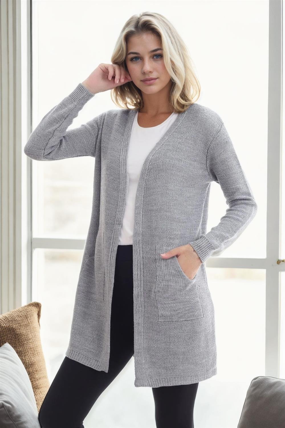 99224 Dewberry 
Kangaroo Pocket Knitwear Cardigan-AÇIK GRİ