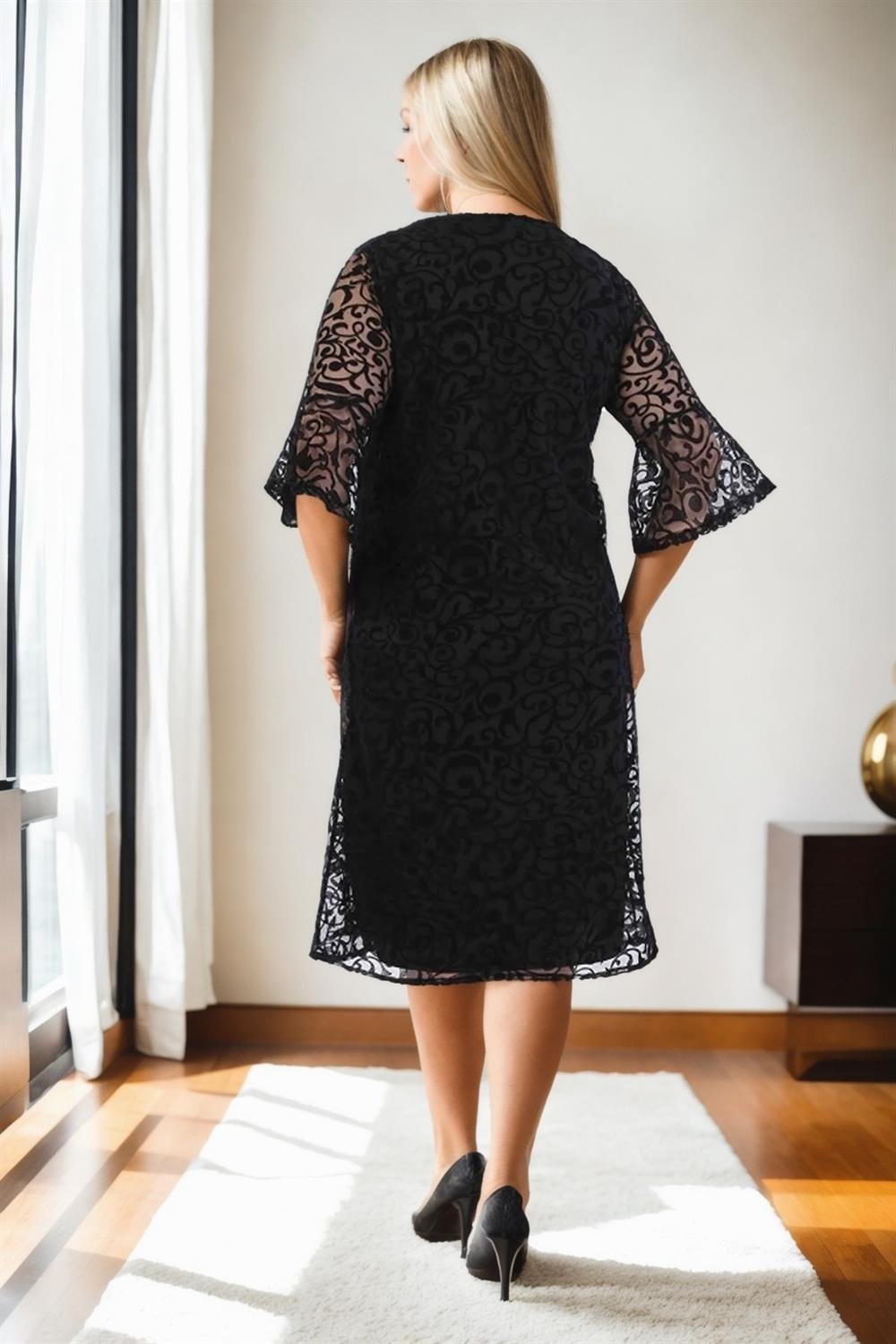 E2654 Spanish Sleeve Plus Size Evening Dress-SİYAH