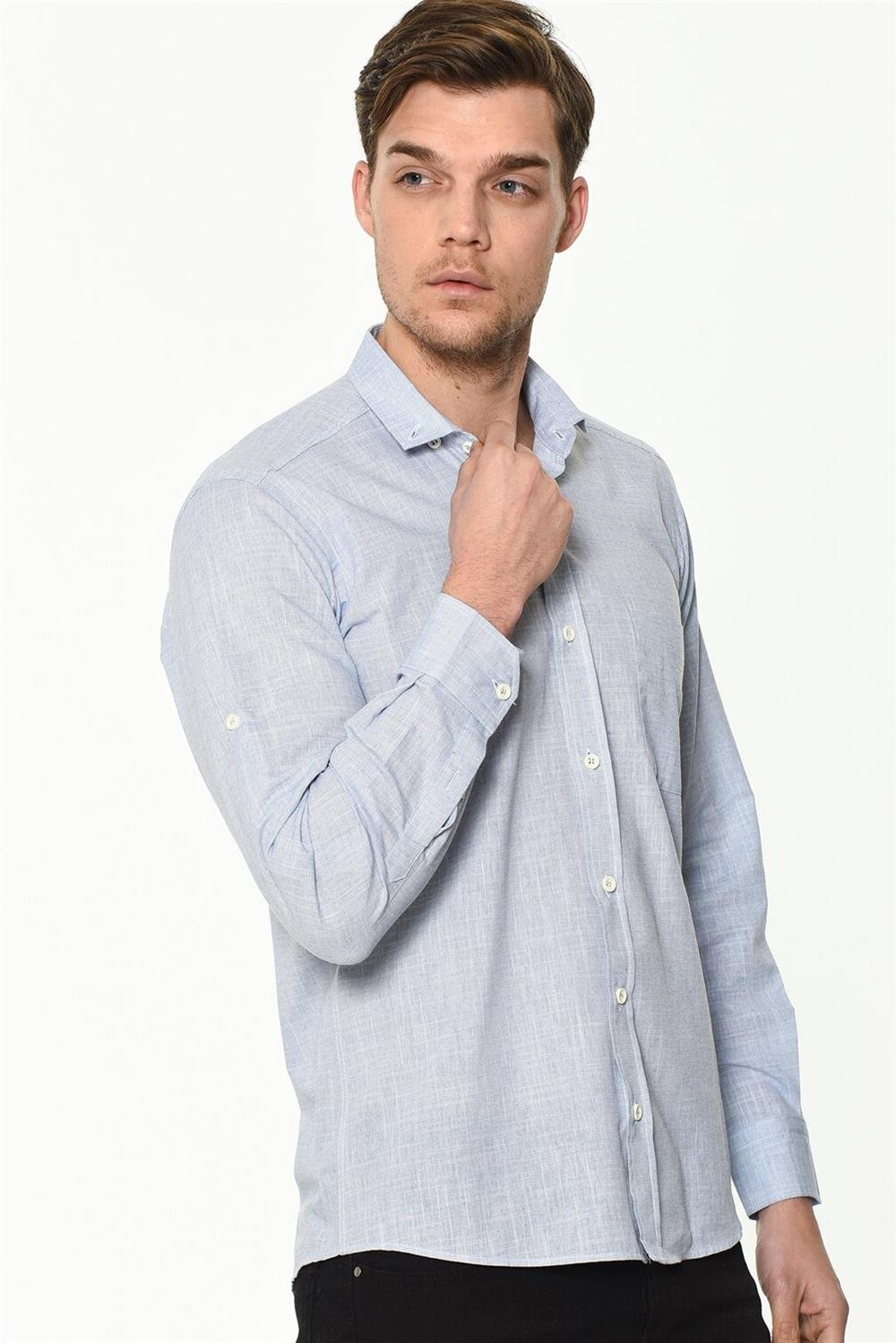 G625 DEWBERRY KETEN GÖMLEK-DÜZ MAVİ