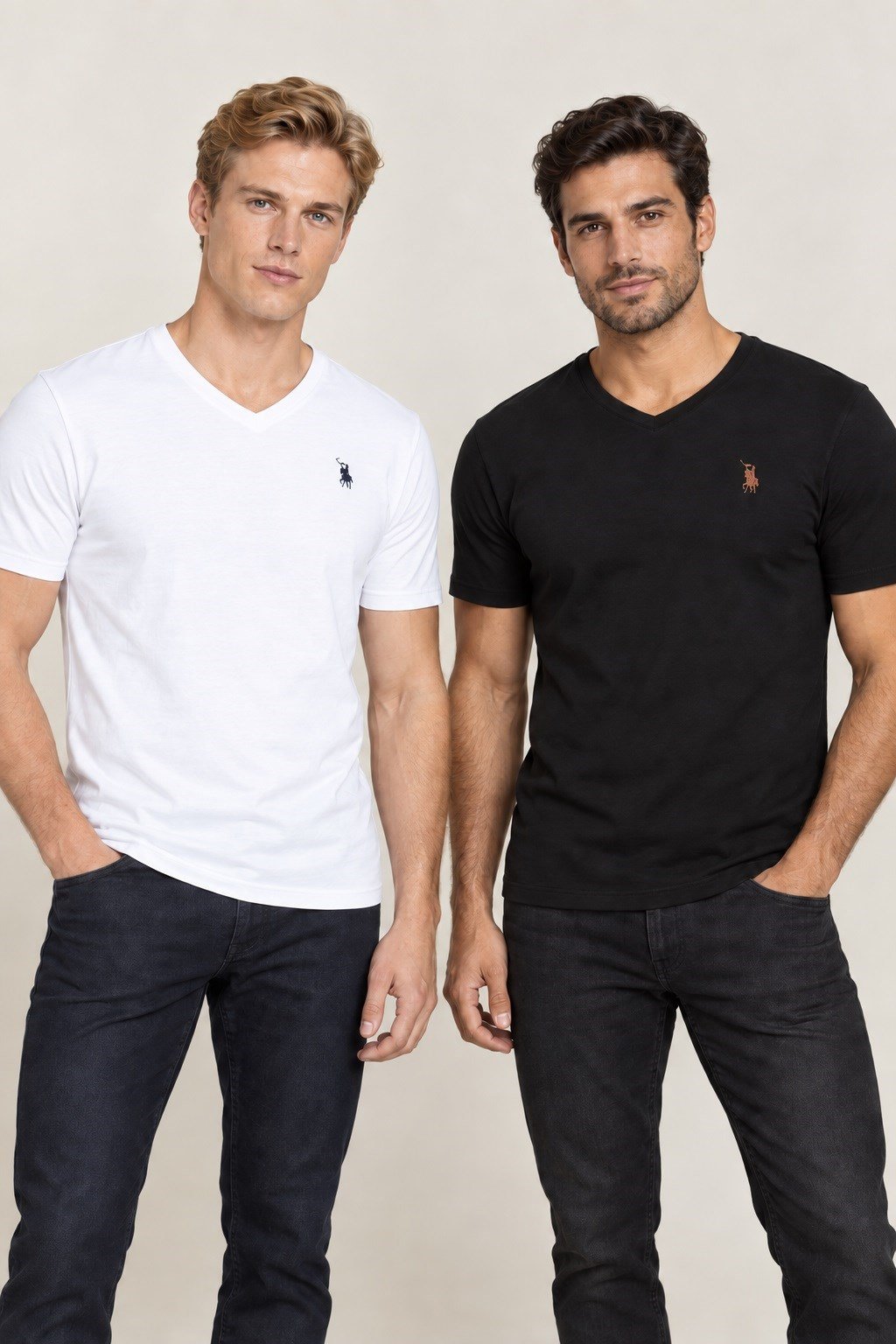 İKİLİ SET T8568 DEWBERRY V YAKA ERKEK T-SHIRT-SİYAH-BEYAZ-2