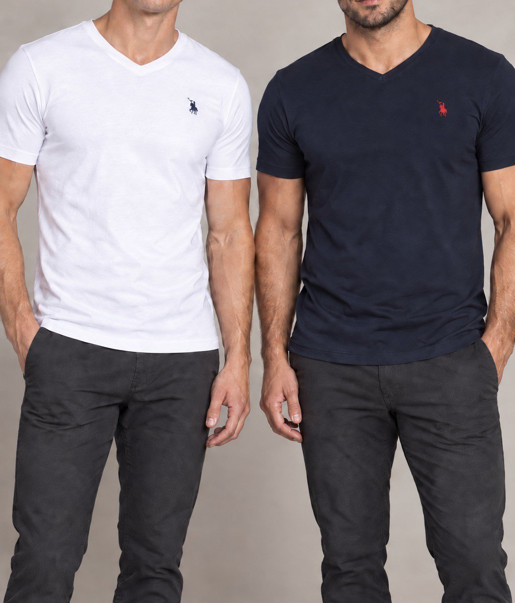 İKİLİ SET T8568 DEWBERRY V YAKA ERKEK T-SHIRT-BEYAZ-LACİVERT-2