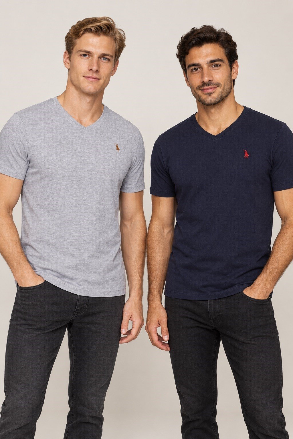 İKİLİ SET T8568 DEWBERRY V YAKA ERKEK T-SHIRT-GRİ - LACİVERT
