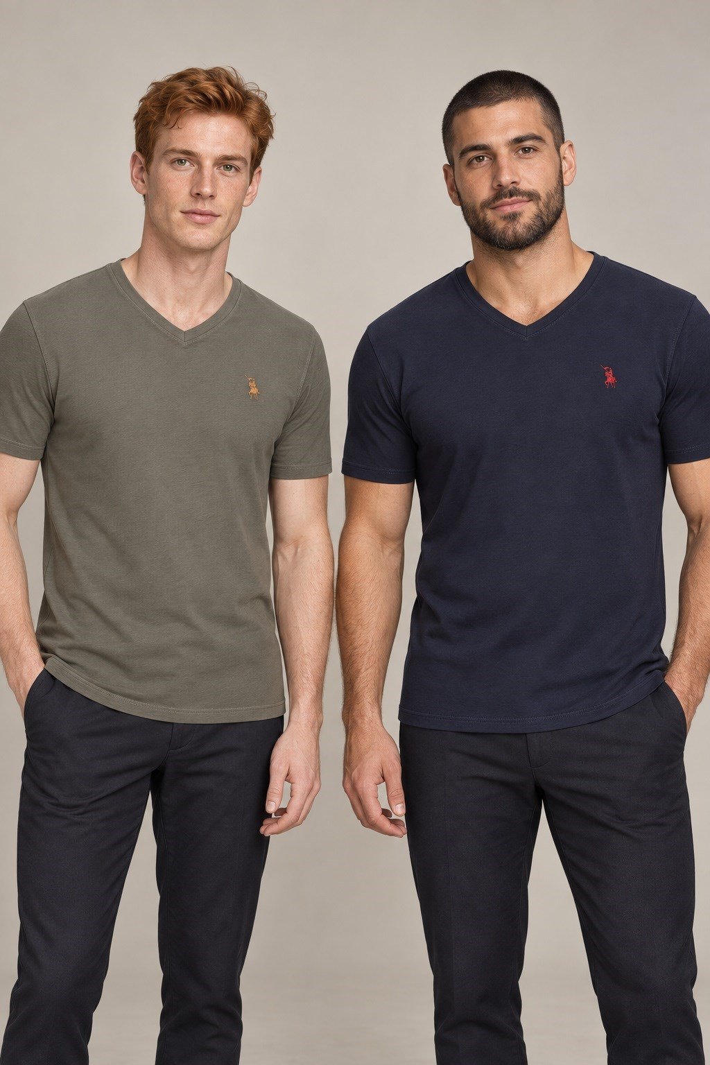 İKİLİ SET T8568 DEWBERRY V YAKA ERKEK T-SHIRT-HAKİ-LACİVERT