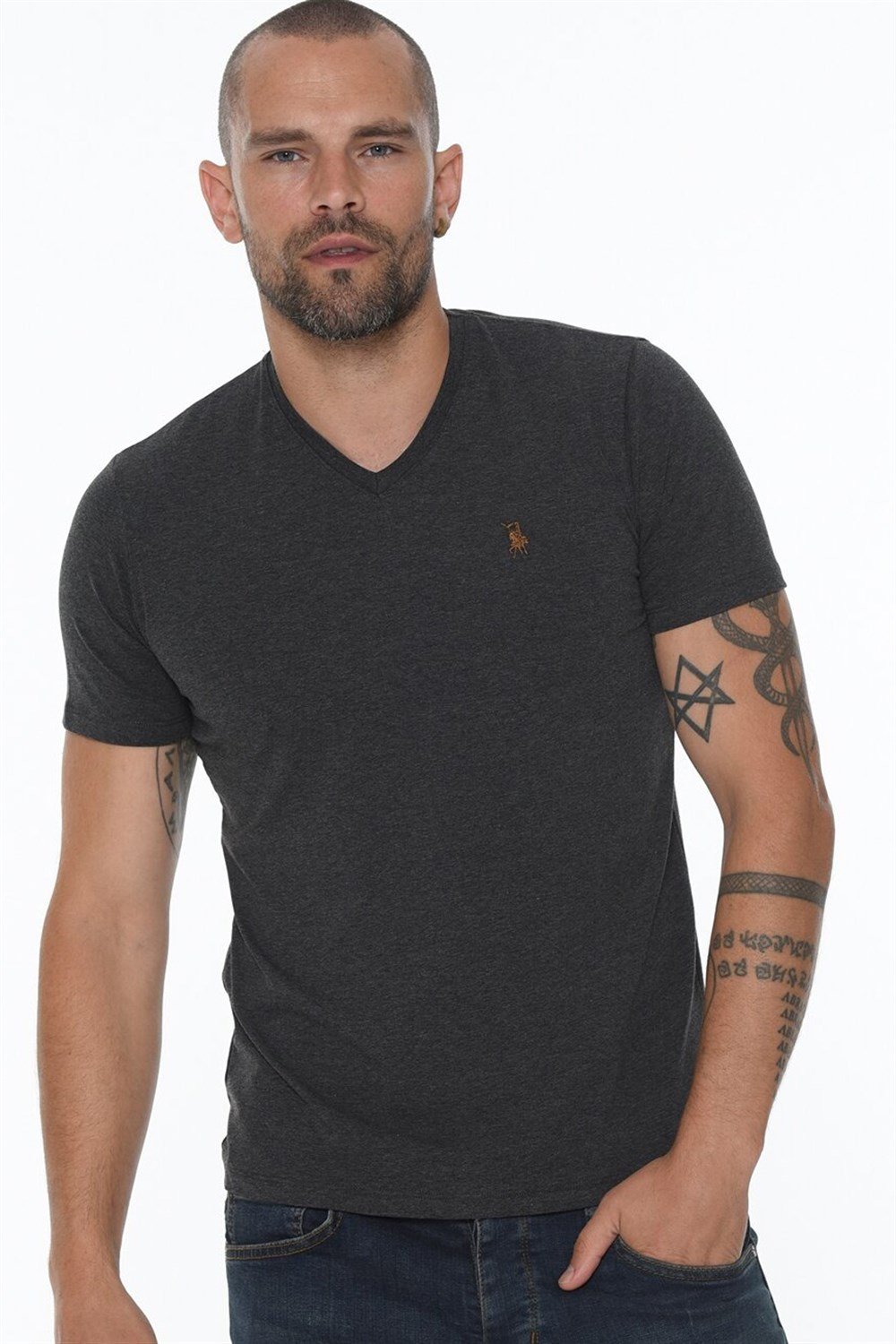 İKİLİ SET T8568 DEWBERRY V YAKA ERKEK T-SHIRT-SİYAH-ANTRASİT