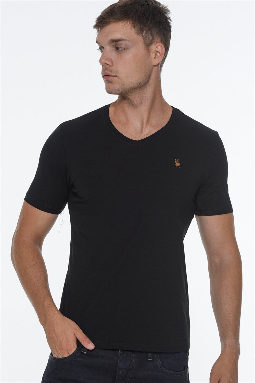İKİLİ SET T8568 DEWBERRY V YAKA ERKEK T-SHIRT-SİYAH-ANTRASİT