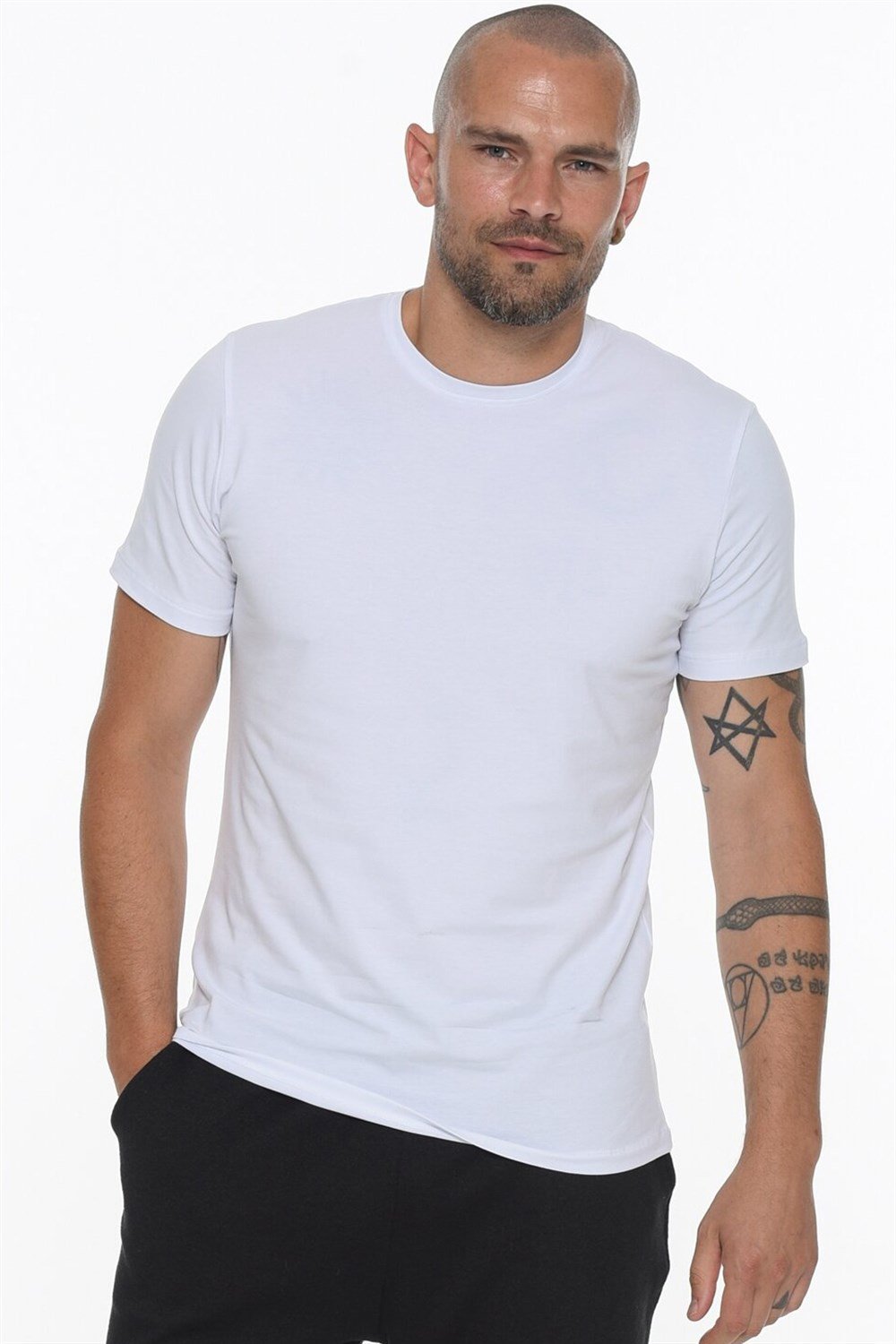 İKİLİ SET T8569 DEWBERRY BİSİKLET YAKA ERKEK T-SHIRT-BEYAZ-SİYAH