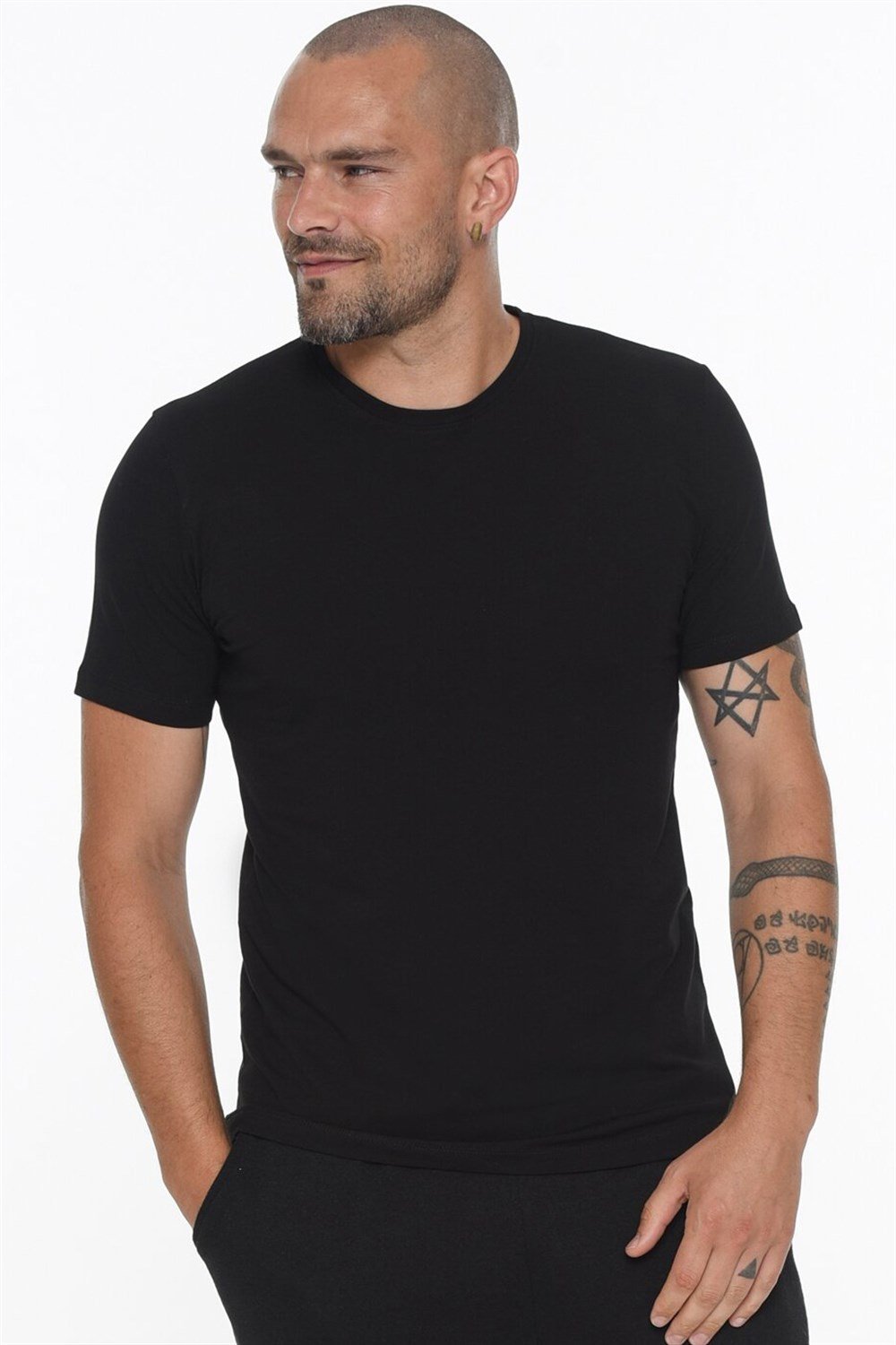 İKİLİ SET T8569 DEWBERRY BİSİKLET YAKA ERKEK T-SHIRT-BEYAZ-SİYAH