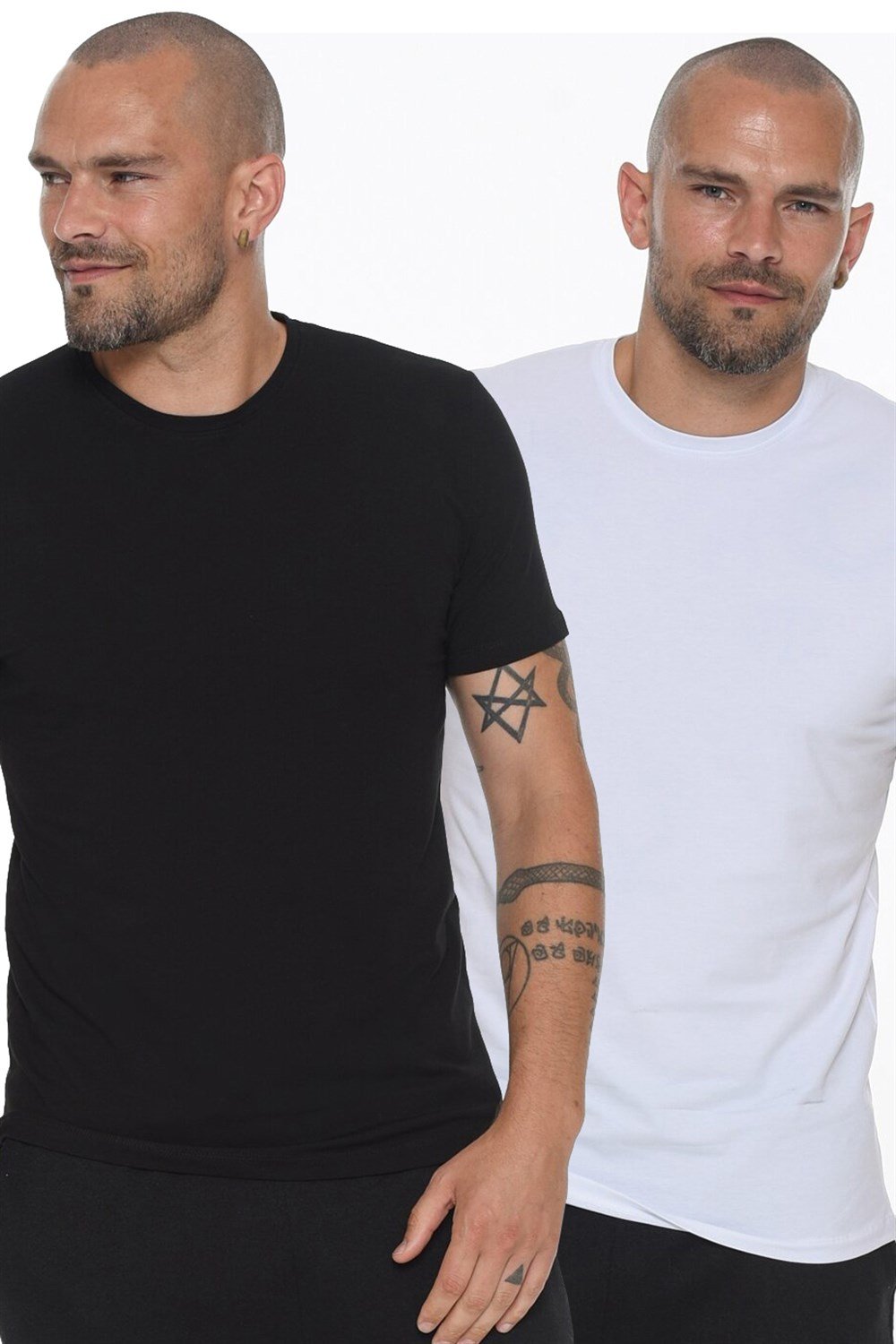 İKİLİ SET T8569 DEWBERRY BİSİKLET YAKA ERKEK T-SHIRT-BEYAZ-SİYAH