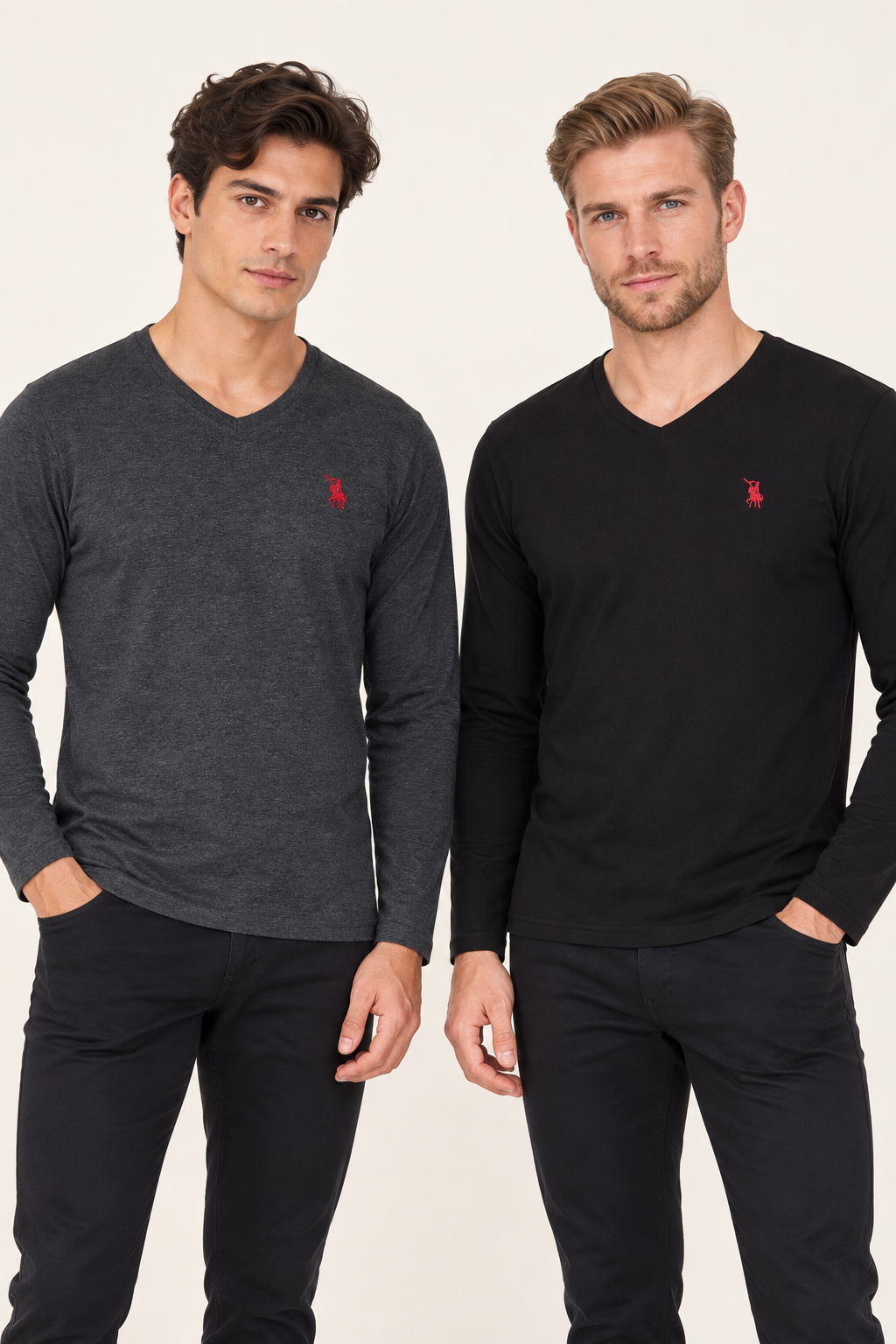 İKİLİ SET T8587 DEWBERRY V YAKA ERKEK SWEATSHIRT-SİYAH-ANTRASİT