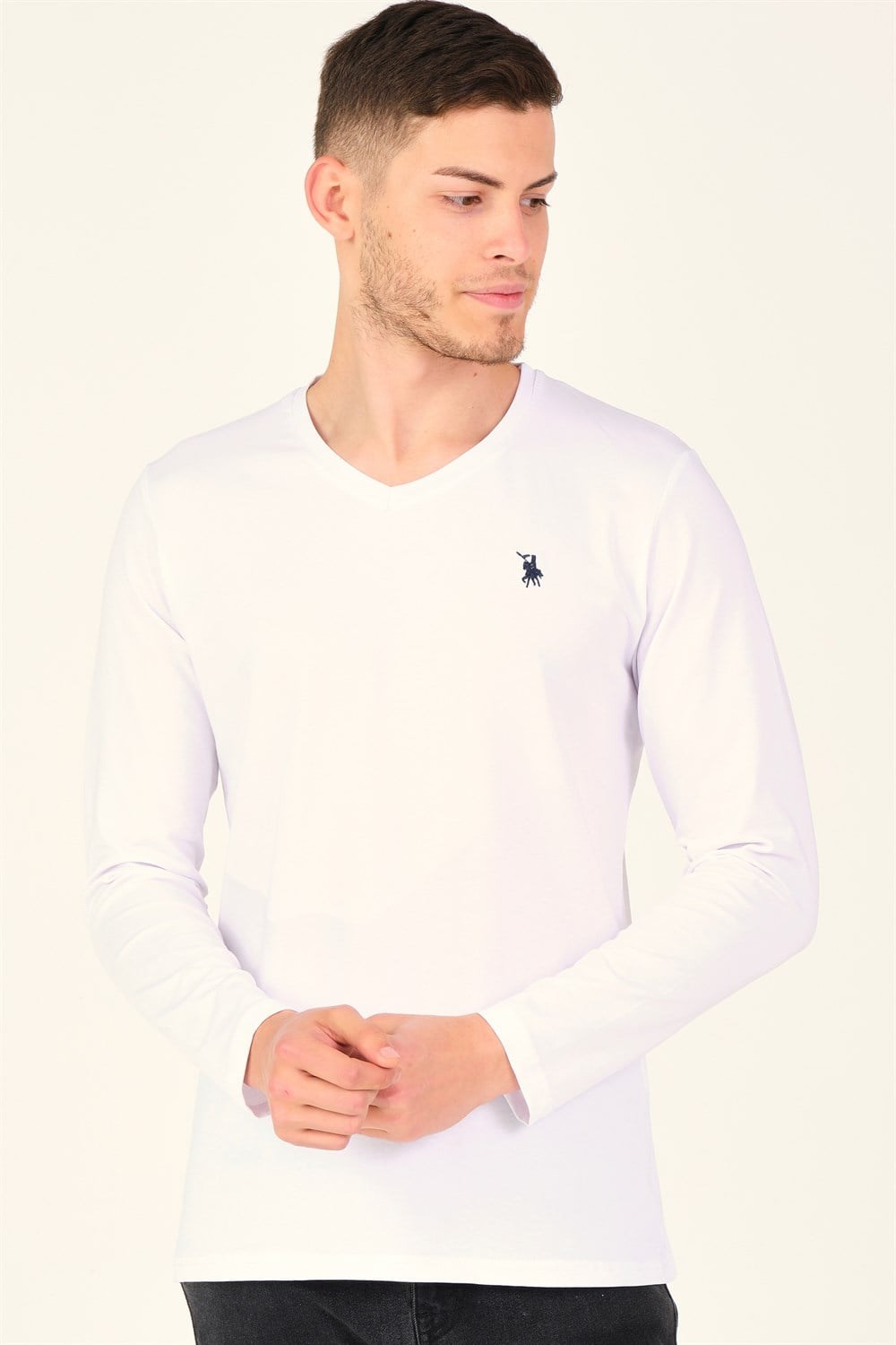 İKİLİ SET T8587 DEWBERRY V YAKA ERKEK SWEATSHIRT-LACİVERT-BEYAZ