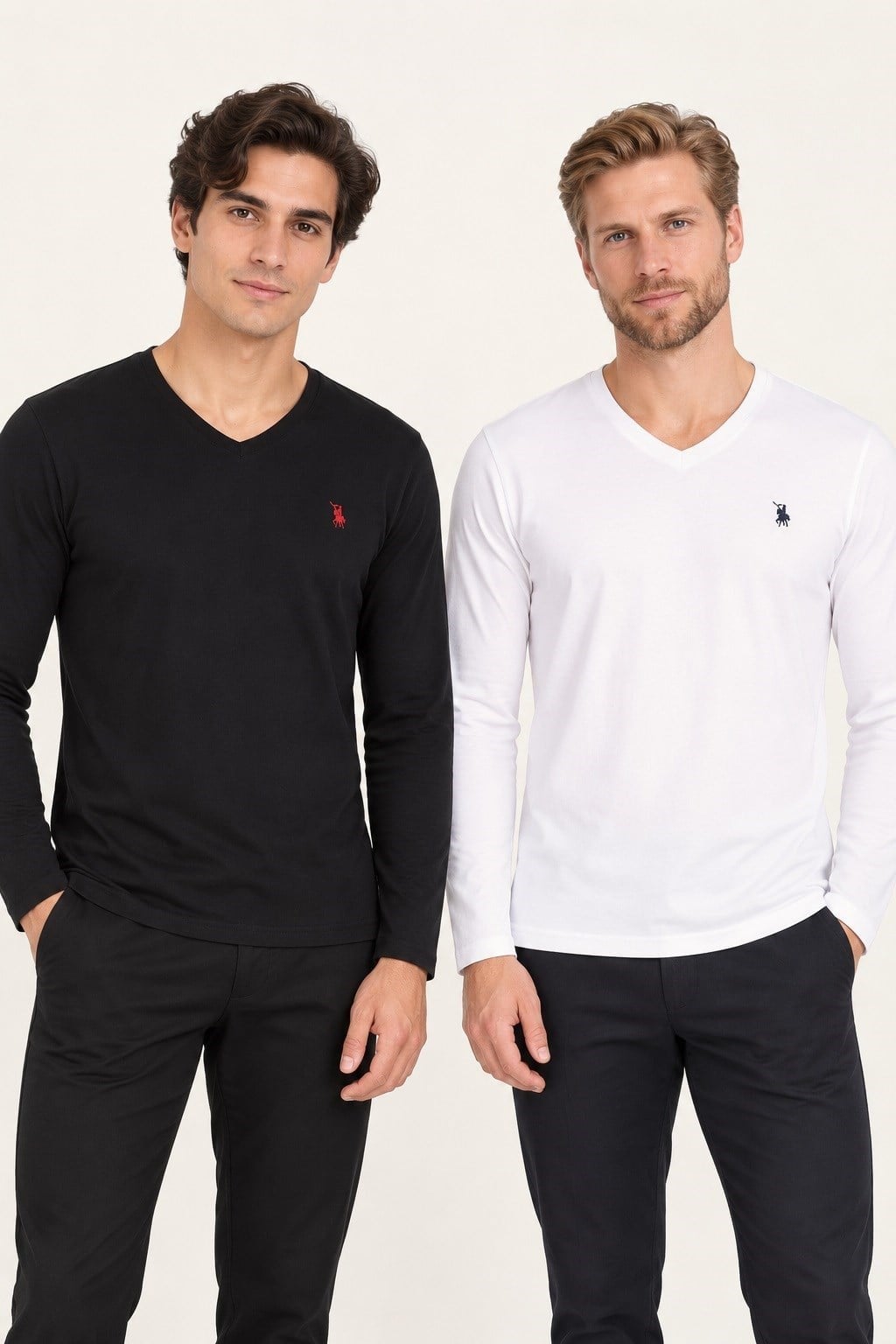 İKİLİ SET T8587 DEWBERRY V YAKA ERKEK SWEATSHIRT-SİYAH-BEYAZ