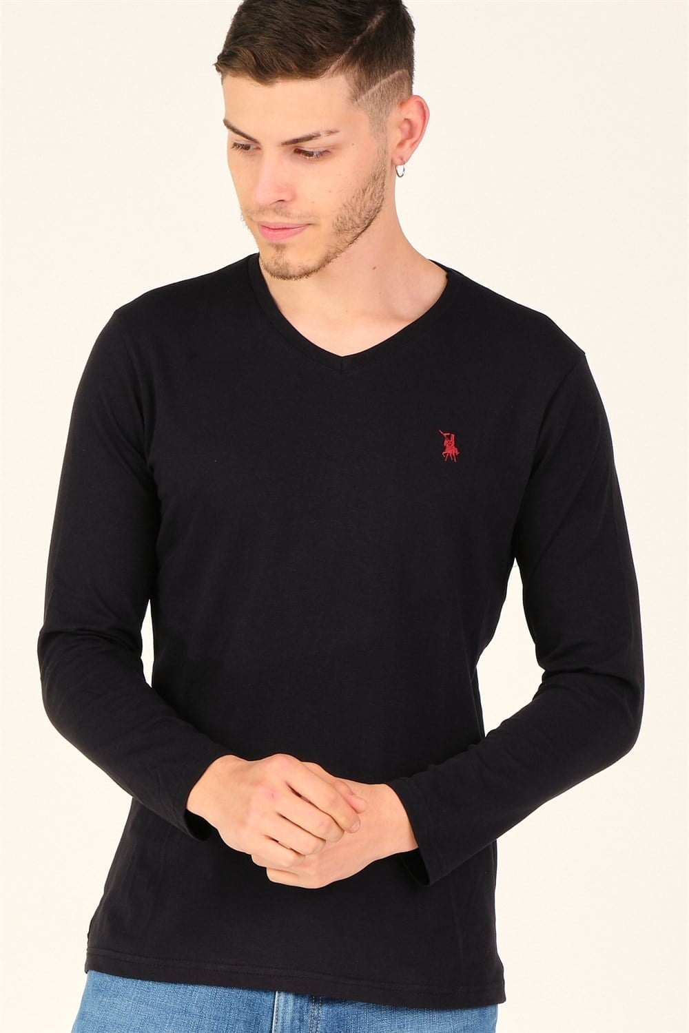 İKİLİ SET T8587 DEWBERRY V YAKA ERKEK SWEATSHIRT-SİYAH-ANTRASİT