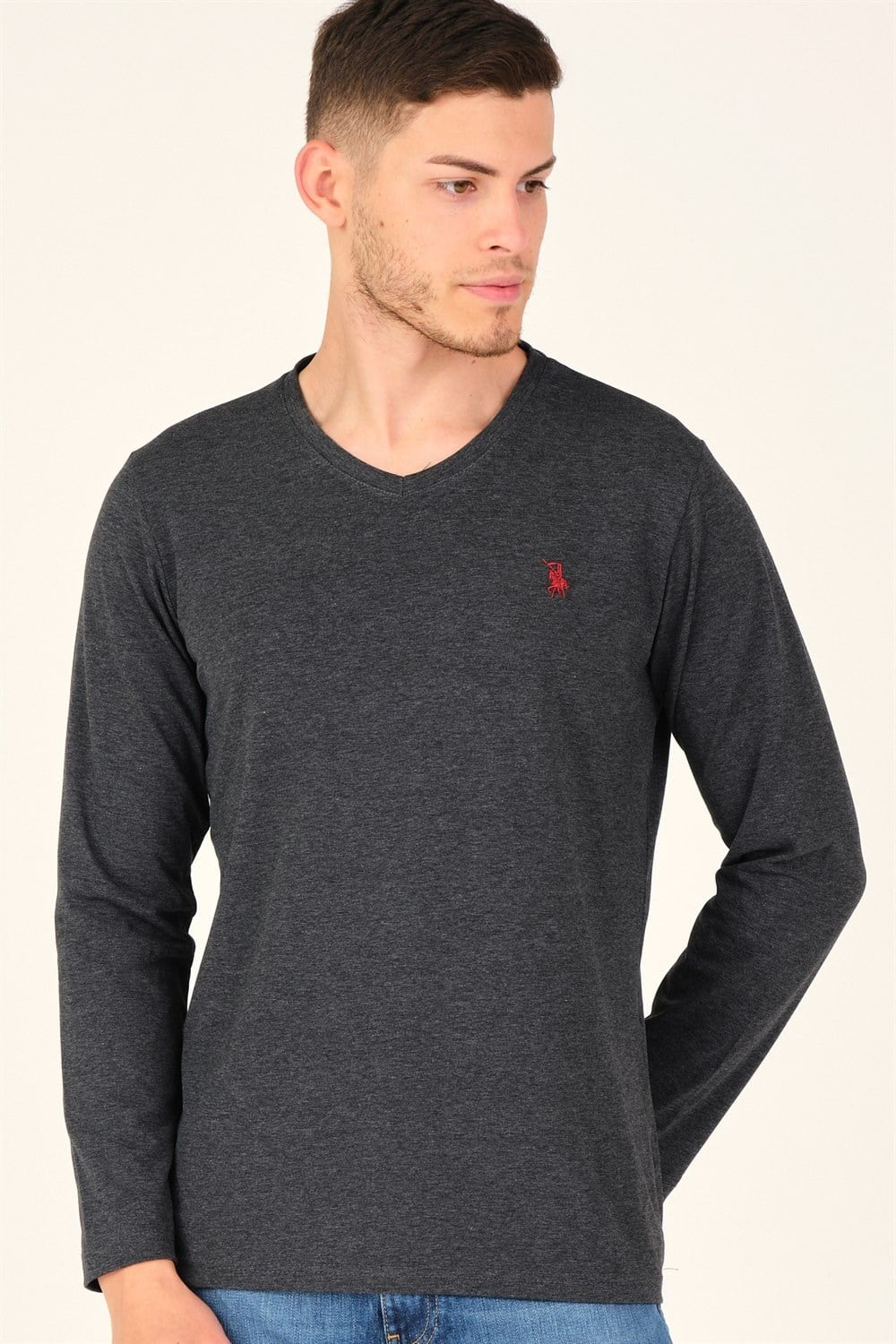 İKİLİ SET T8587 DEWBERRY V YAKA ERKEK SWEATSHIRT-SİYAH-ANTRASİT