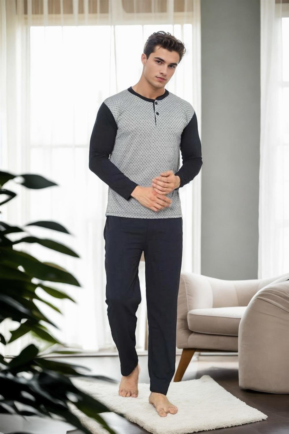 J2580 Dewberry Mens Jacquard Pyjama Set-GRİ