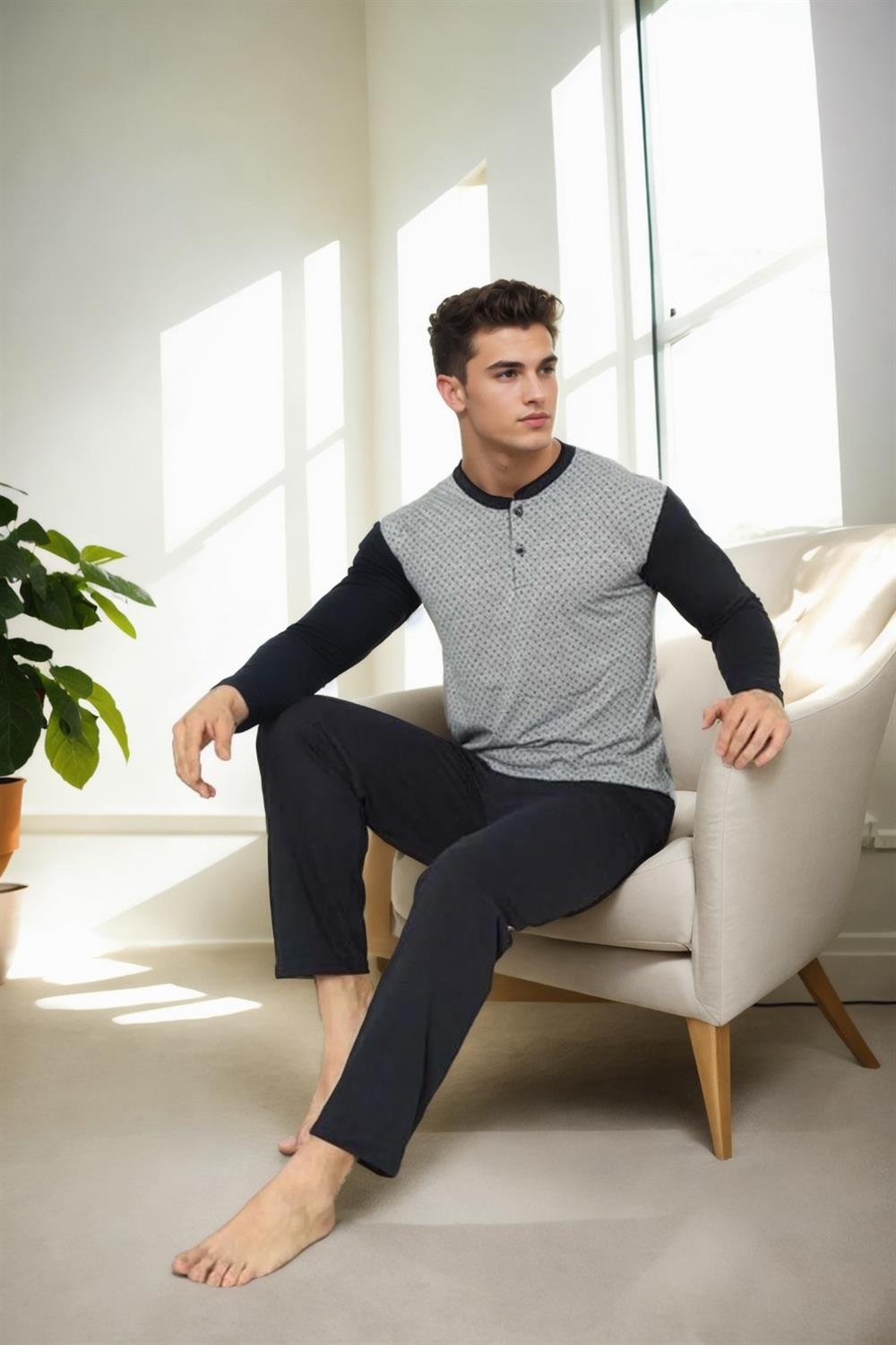 J2580 Dewberry Mens Jacquard Pyjama Set-GRİ