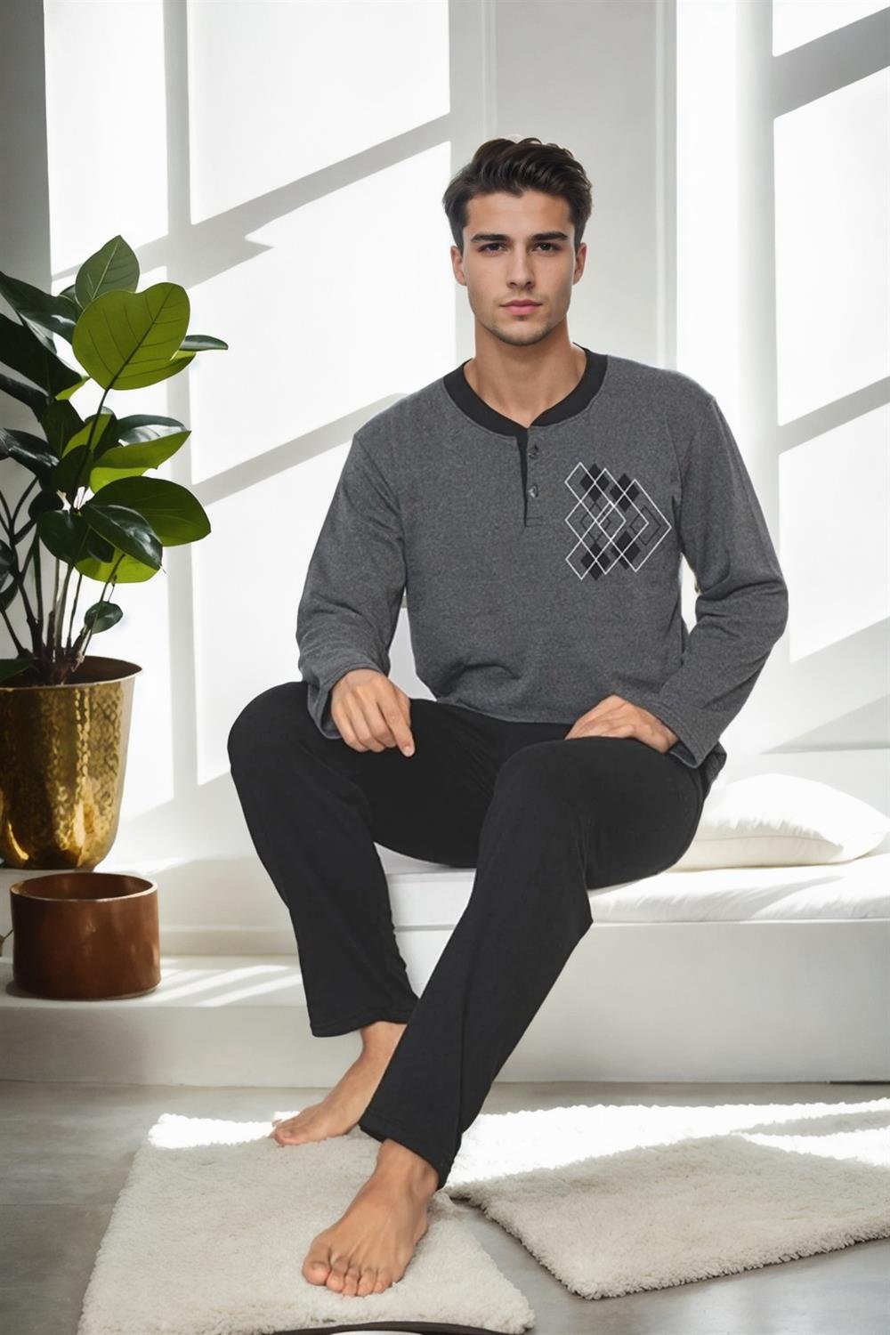J3084 Dewberry Mens Two Thread Thick Long Sleeve Pyjama Set-GRİ
