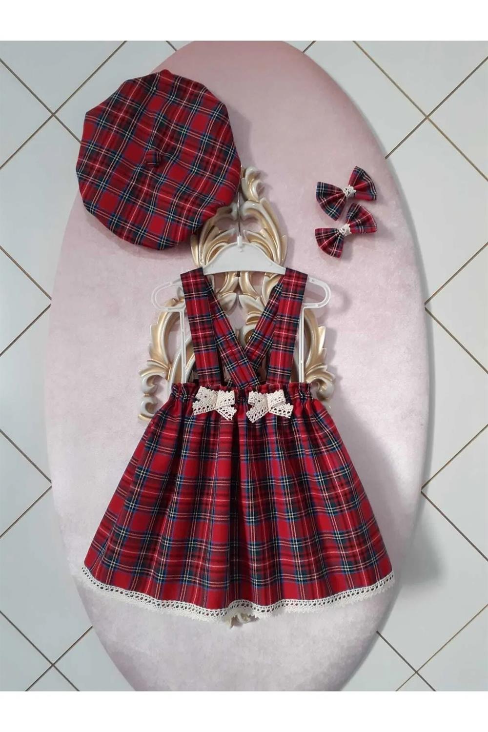 N7995 Dewberry Baby Plaid Salopette Dress & Hat & Buckle Set-KIRMIZI