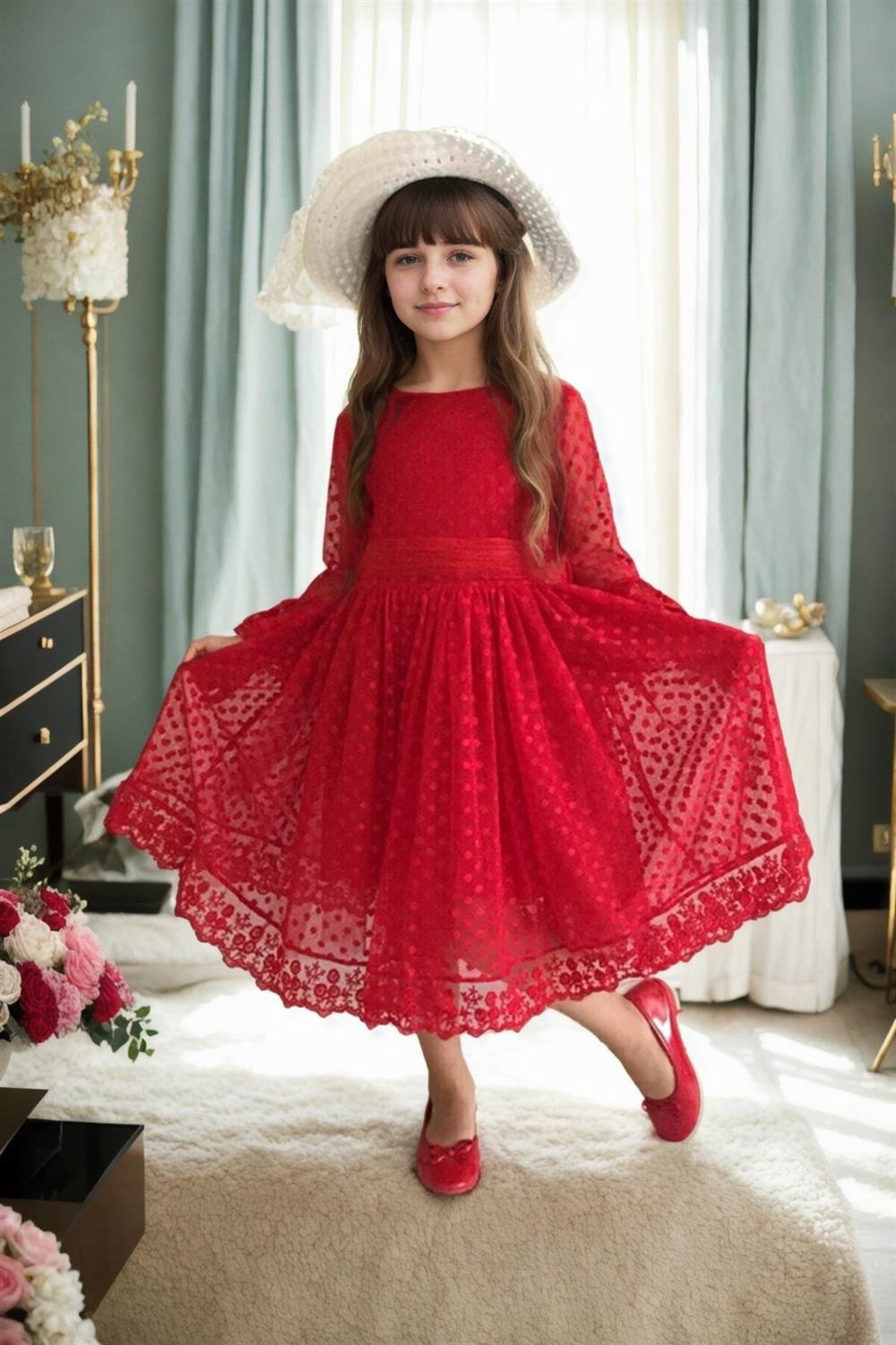 N8712 Dewberry Princess Model Girls Dress with Hat & Lace-KIRMIZI
