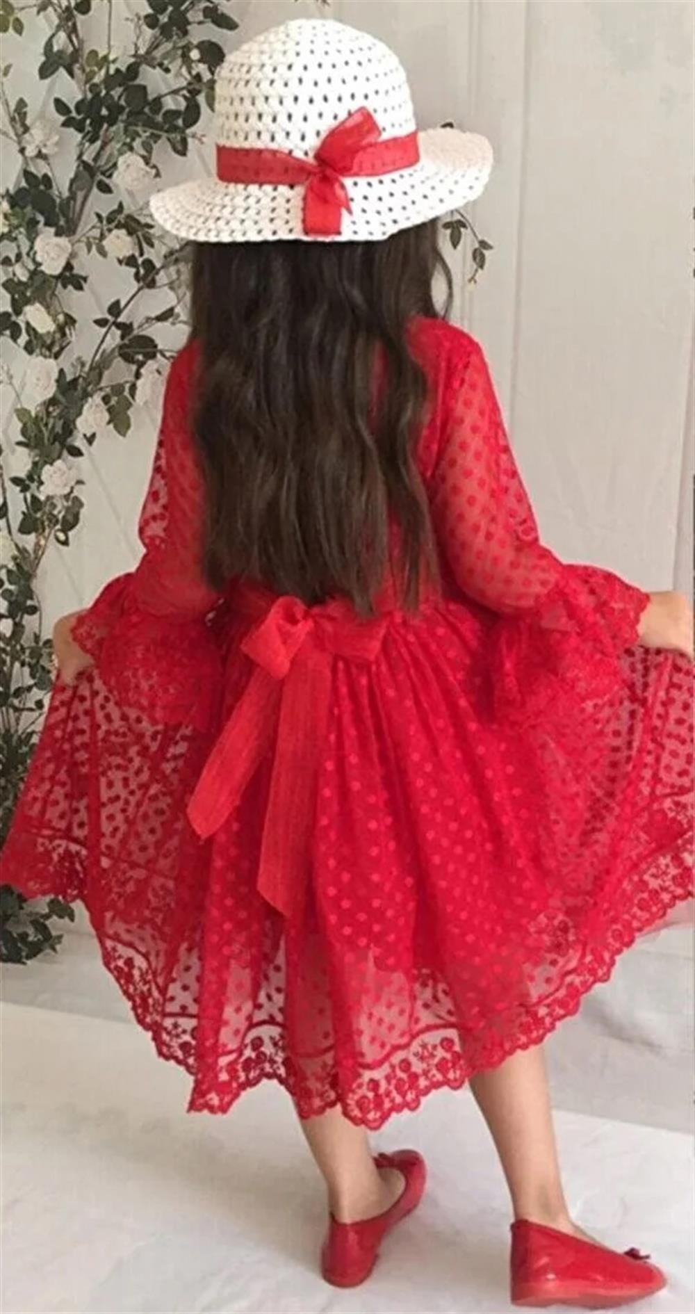 N8712 Dewberry Princess Model Girls Dress with Hat & Lace-KIRMIZI