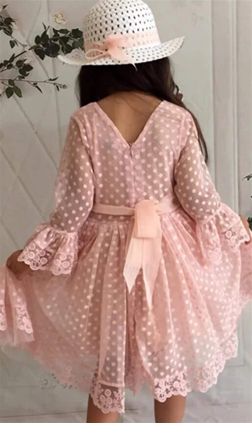 N8712 Dewberry Princess Model Girls Dress with Hat & Lace-PEMBE