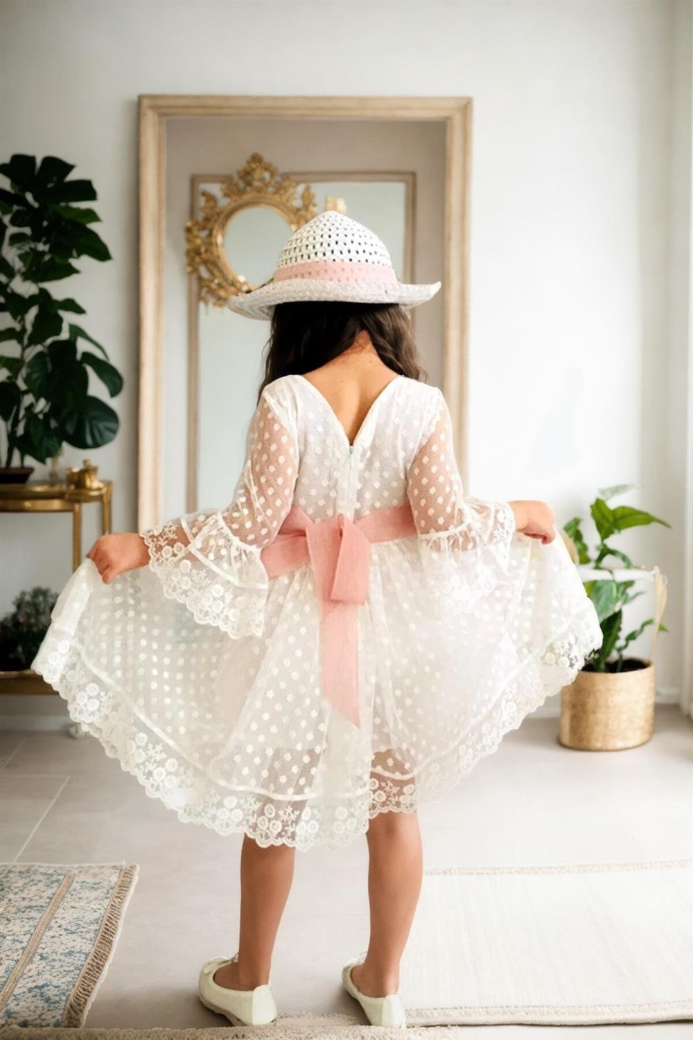 N8712 Dewberry Princess Model Girls Dress with Hat & Lace-BEYAZ